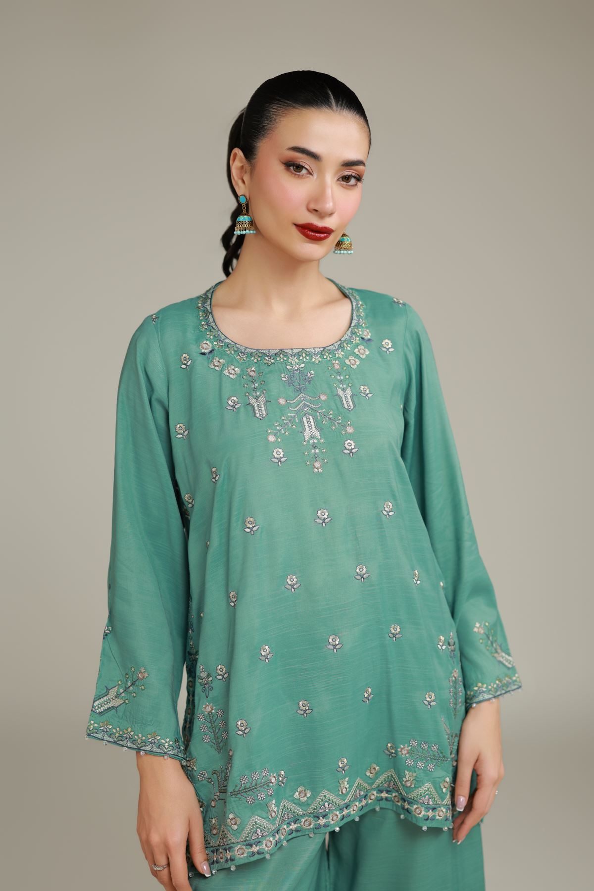 Embroidered Raw Silk Floral Drawstring Kurta - 25-09-10E2-09TB-VG