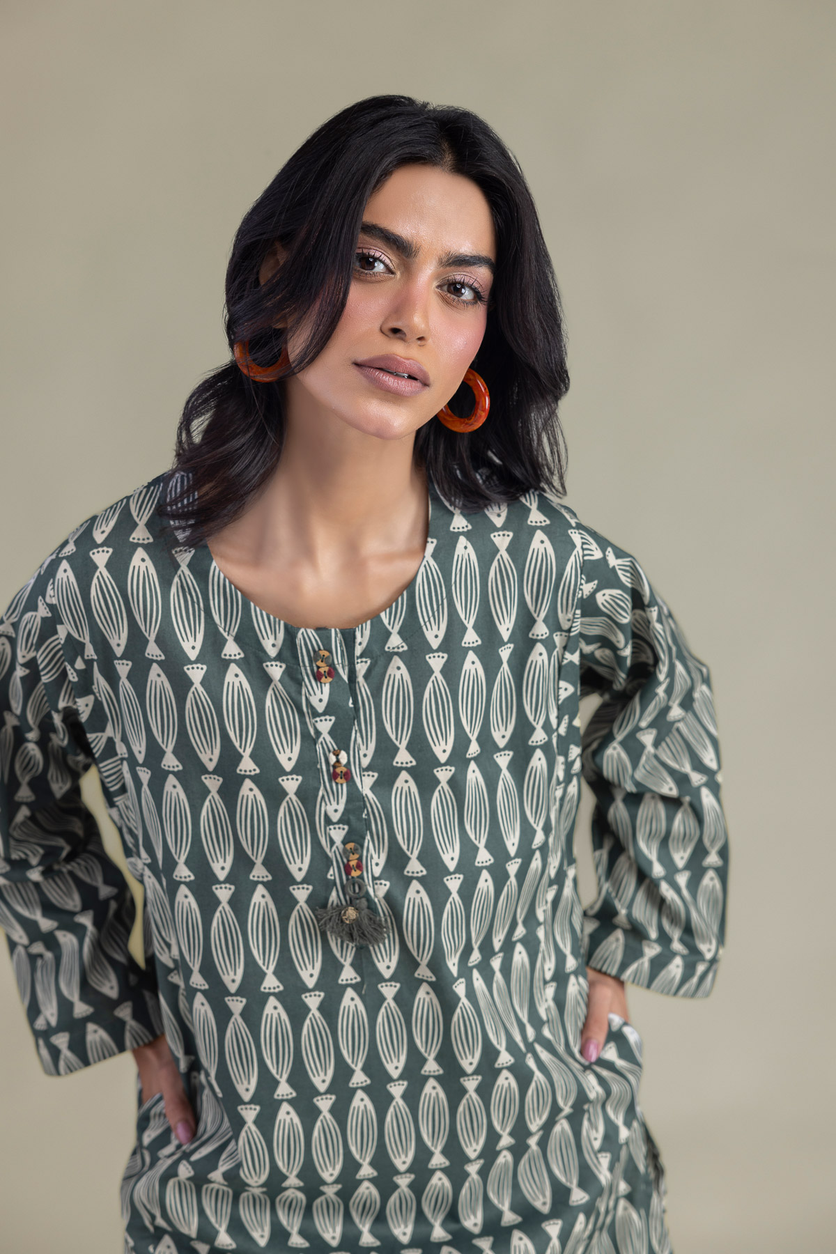 Printed Cambric Green Longline Kurta - 1-26-102-A-F-VG