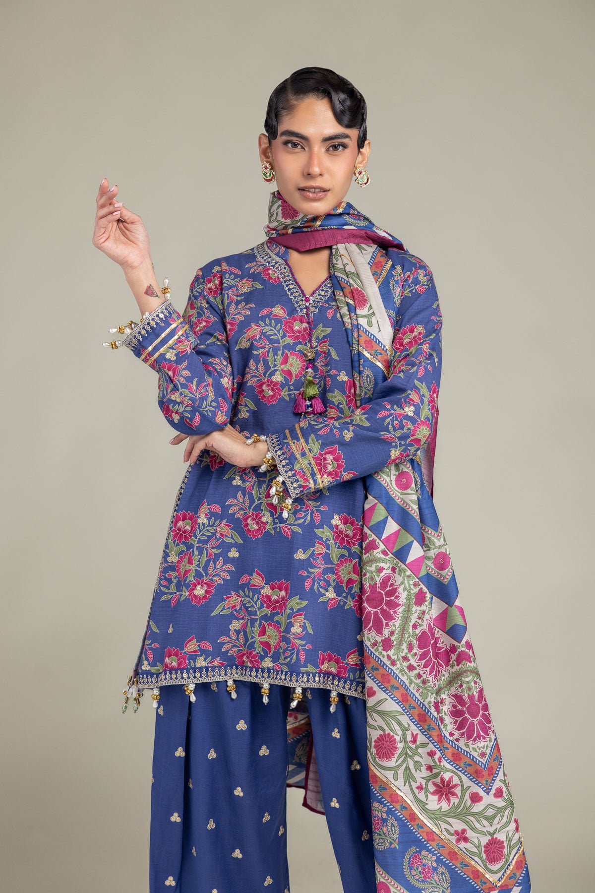 Embroidered Raw Silk Blue V-Neck Kurta - 1-26-102-A-F-VG