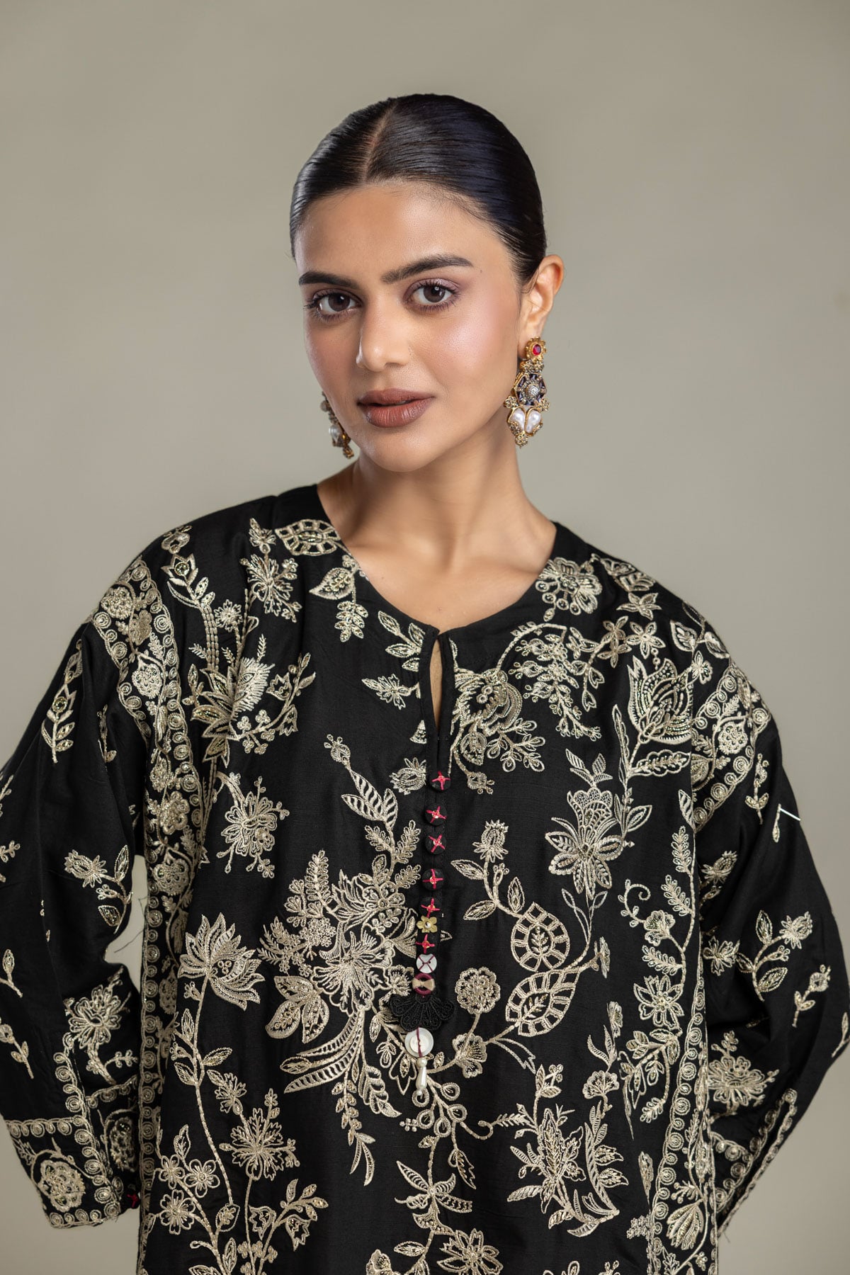 Embroidered Raw Silk Black Floral Kurta - 2-26-202-A-D-VG