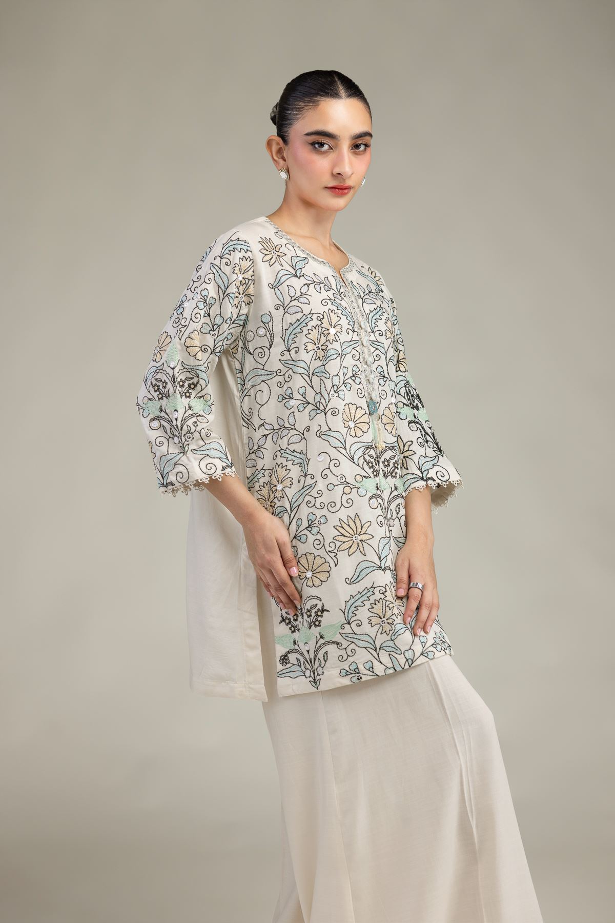 Embroidered Raw Silk Short Floral Kurta - 1-26-203-A-C1-VG