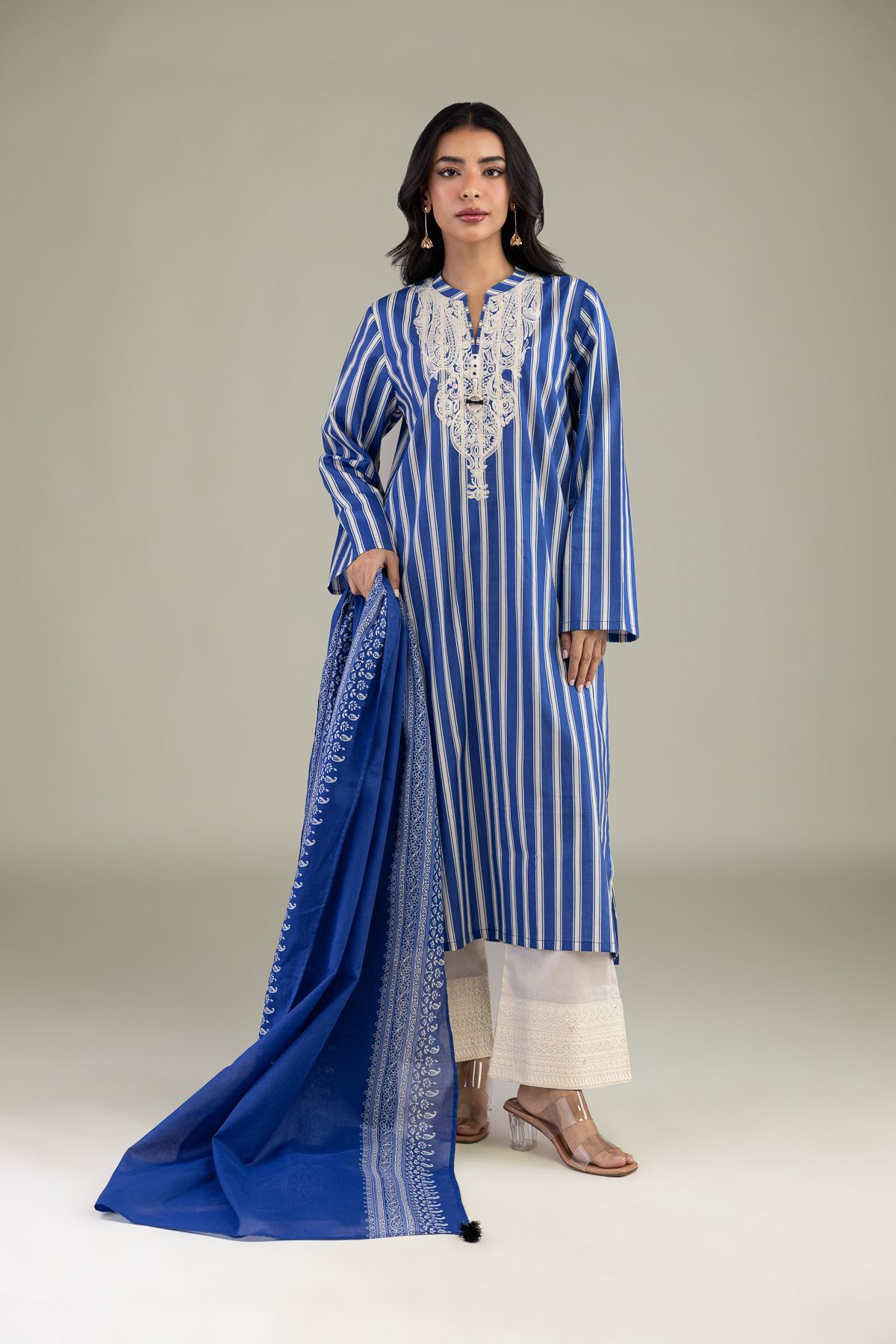 Embroidered Cambric Blue Tailored 3-Piece - 2-26-303-B-F1-VG