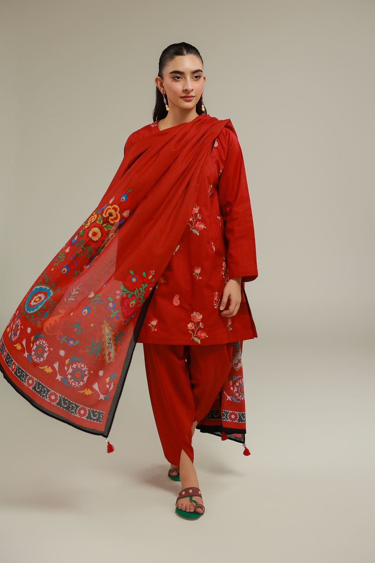Embroidered Cotton Net Red Floral Dupatta - 1-26-145-C-H-VG