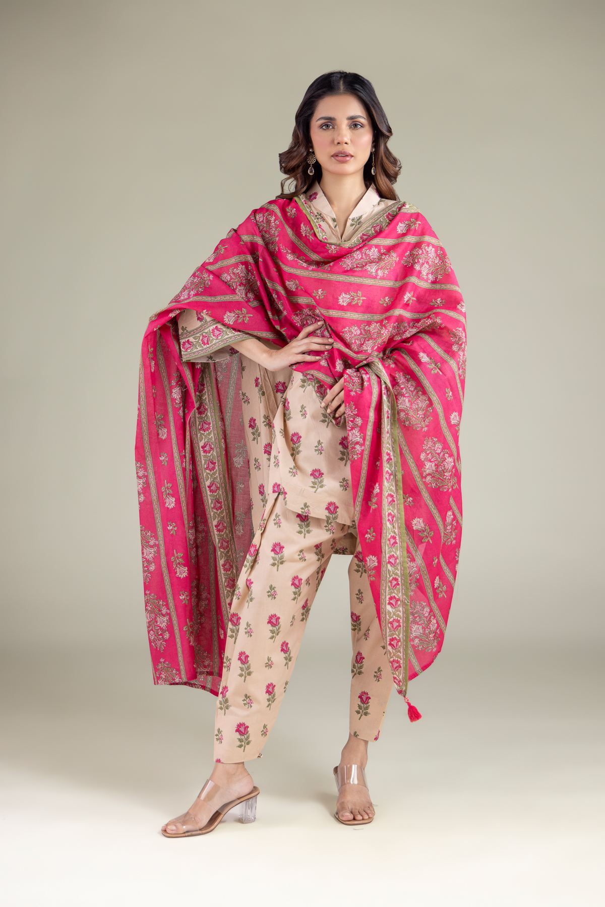 Printed Lawn Striped Tassel Dupatta - 1-26-130-A-C-VG