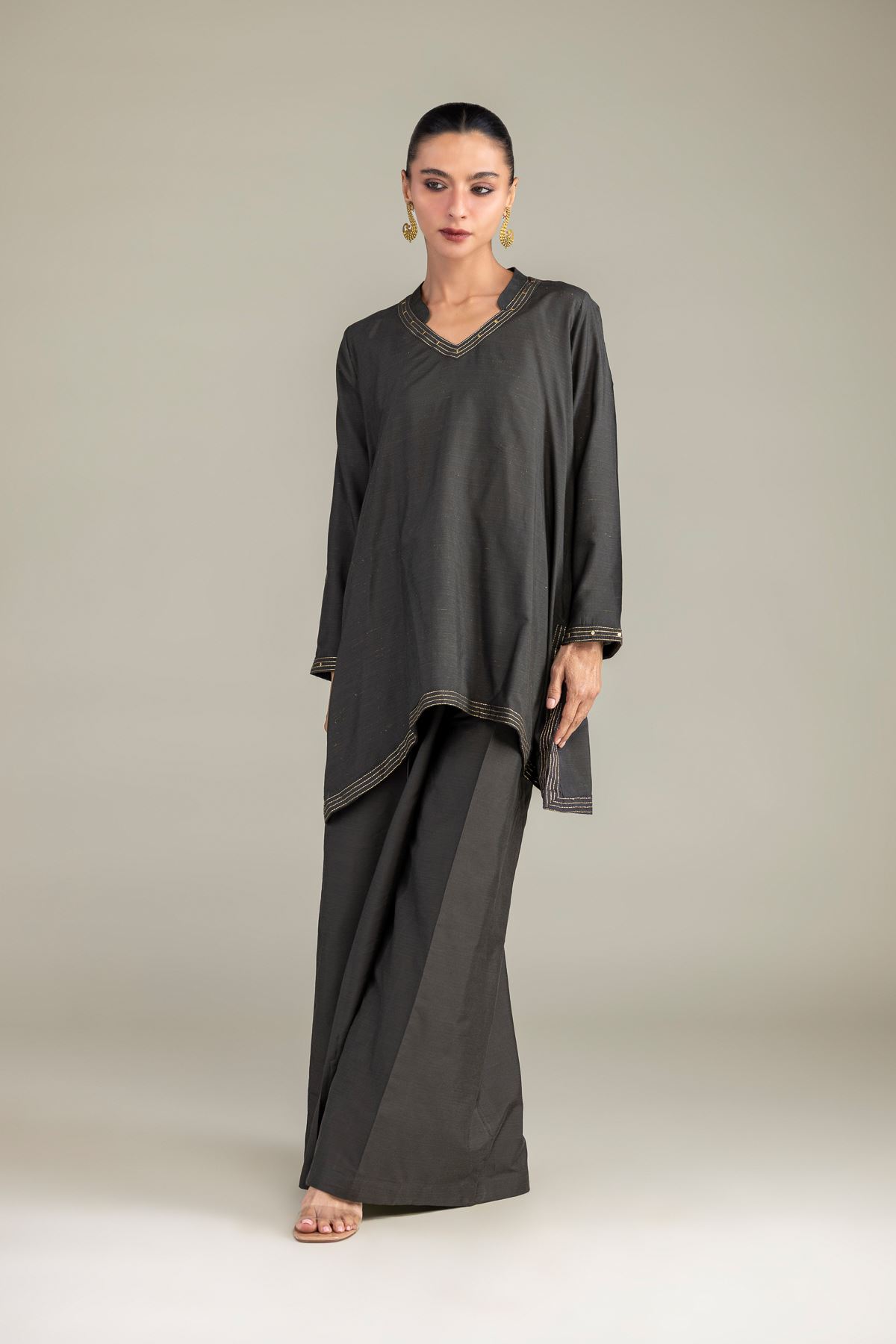 Dyed Mesuri Silk V-Neck Longline Kurta - 1-26-322-B-A1-VG