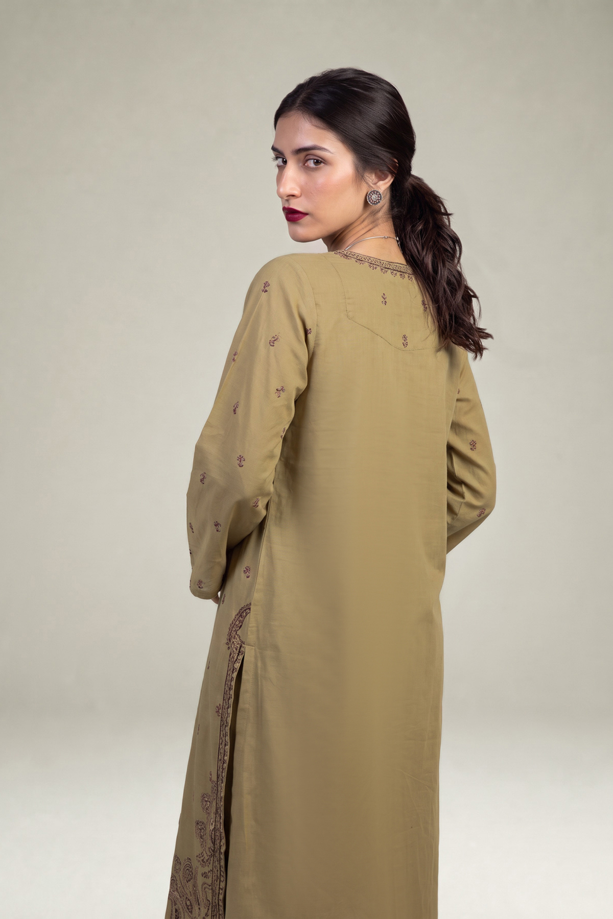 Embroidered Raw Silk Olive Silk Kurta - 1-26-309-B-D1-VG