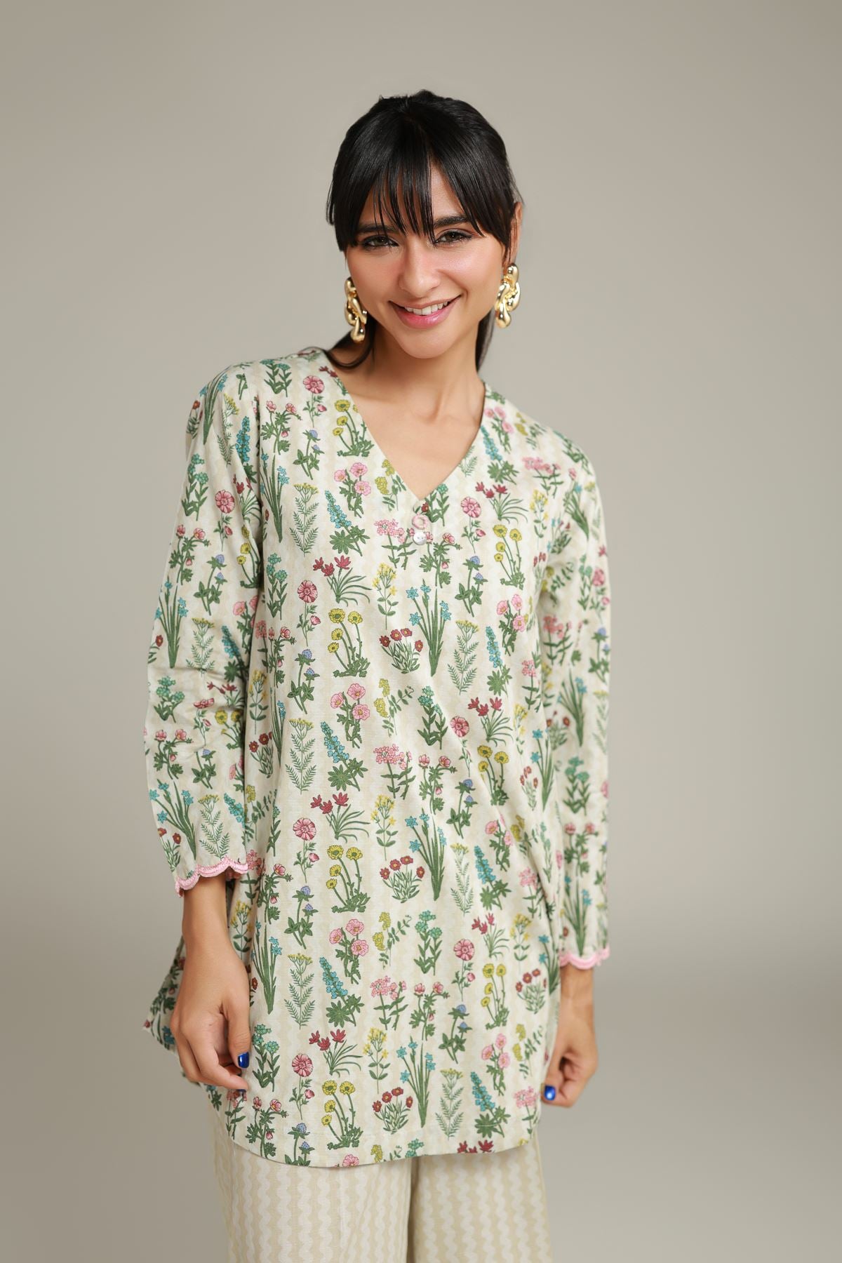 Embroidered Cotton Dobby Floral V-Neck Kurta - 1-26-132-A-D-VG