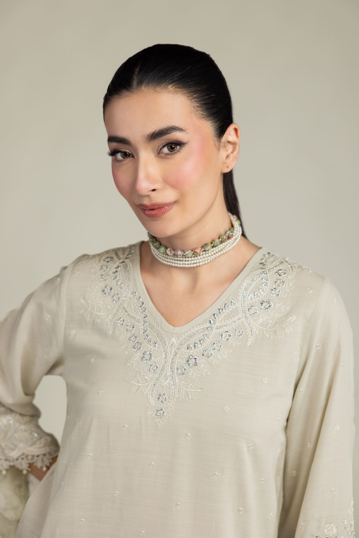 Embroidered Raw Silk Short Silk Kurta - 2-26-207-A-C1-VG