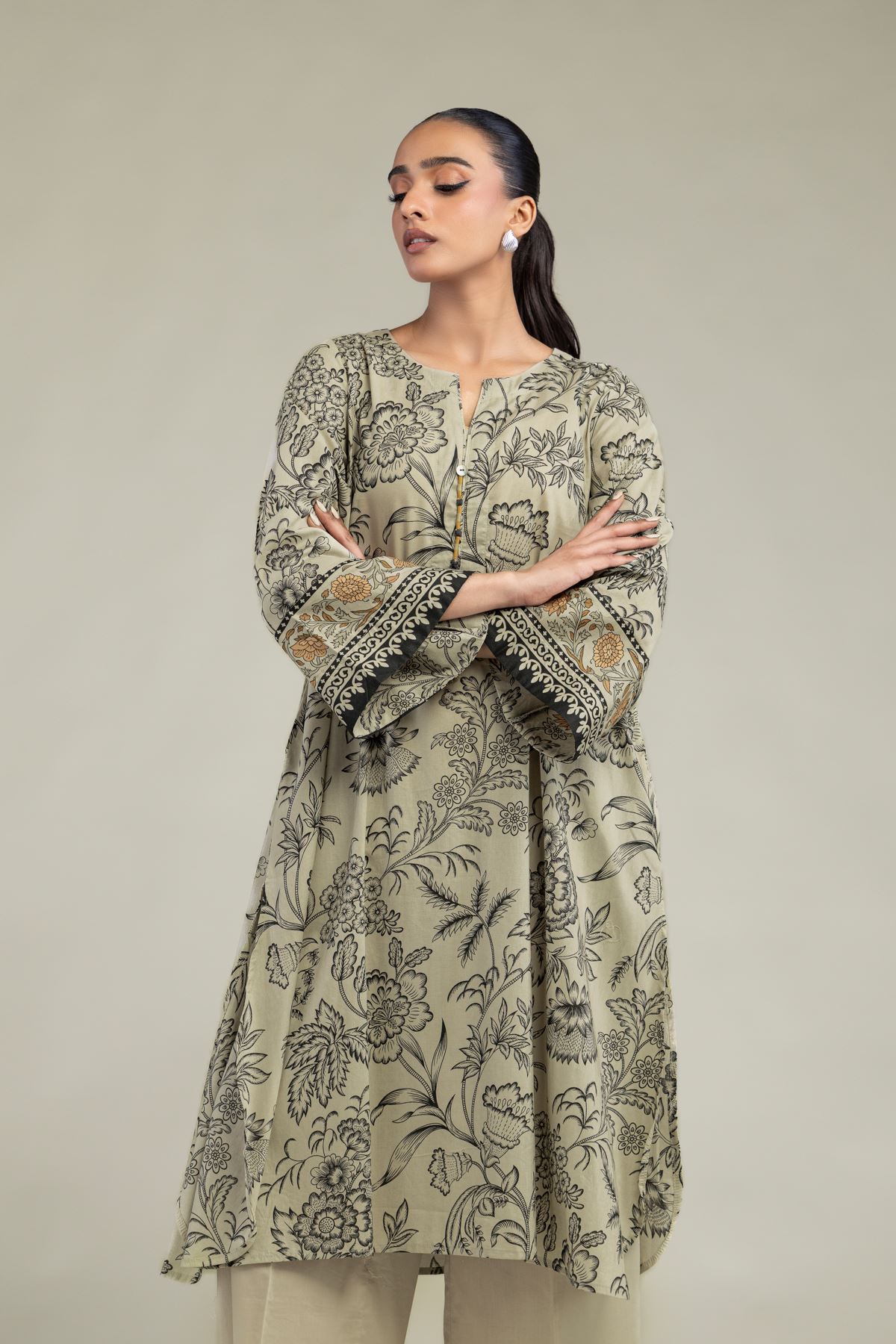 Printed Cambric Cambric Longline Kurta - 8-26-213-A-B1-VG