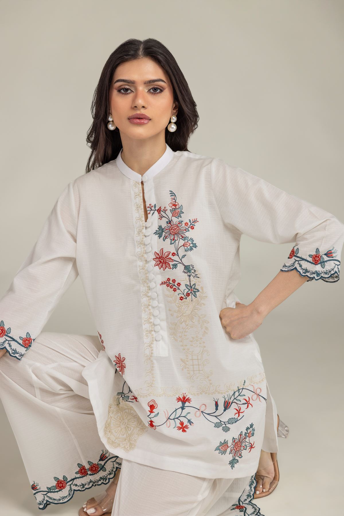 Embroidered Cotton Dobby Short Floral Kurta - T-A11-26-104FB2-VG
