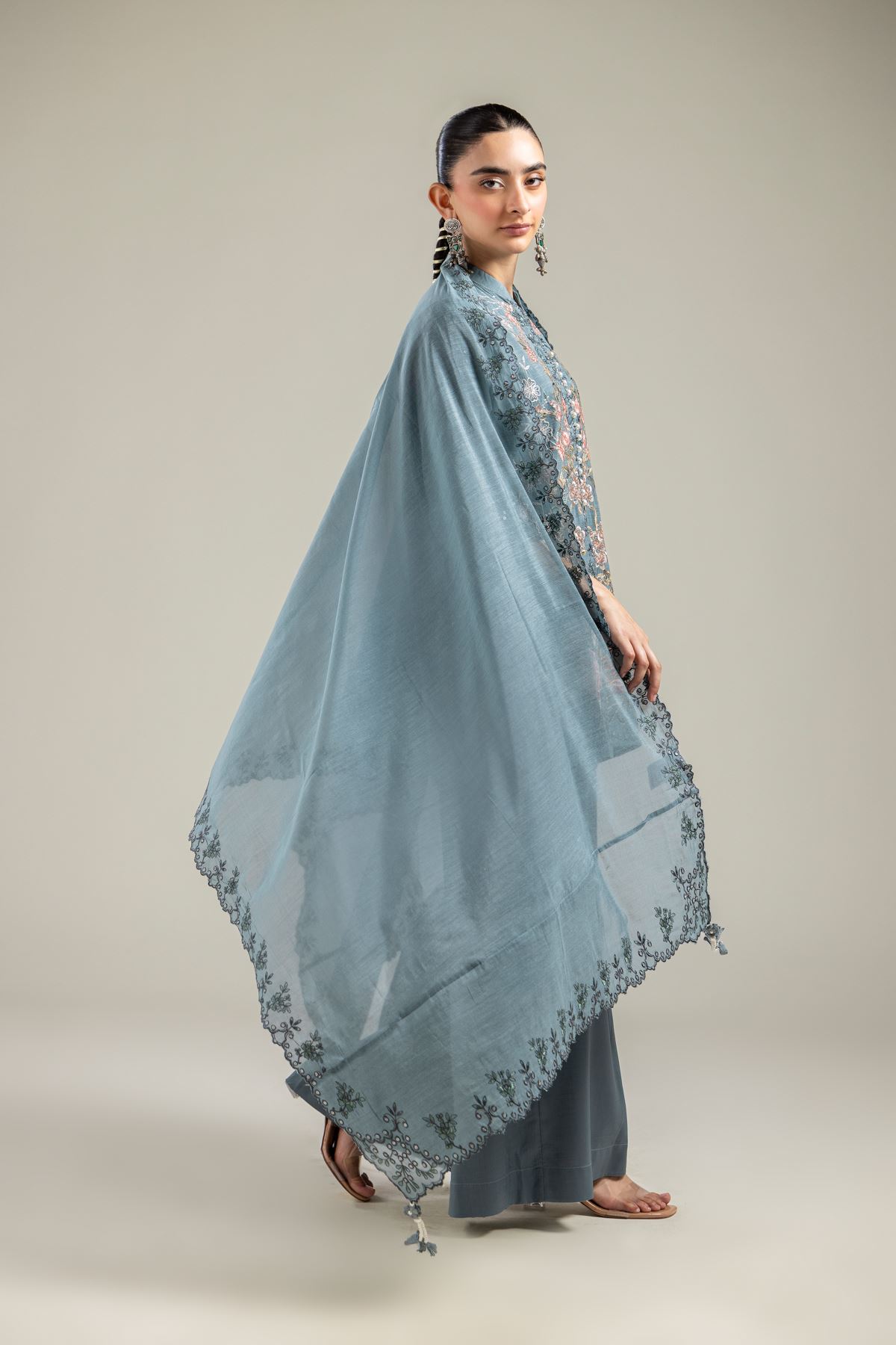 Paper Silk Floral Teal Dupatta - 2-26-202-A-G-VG