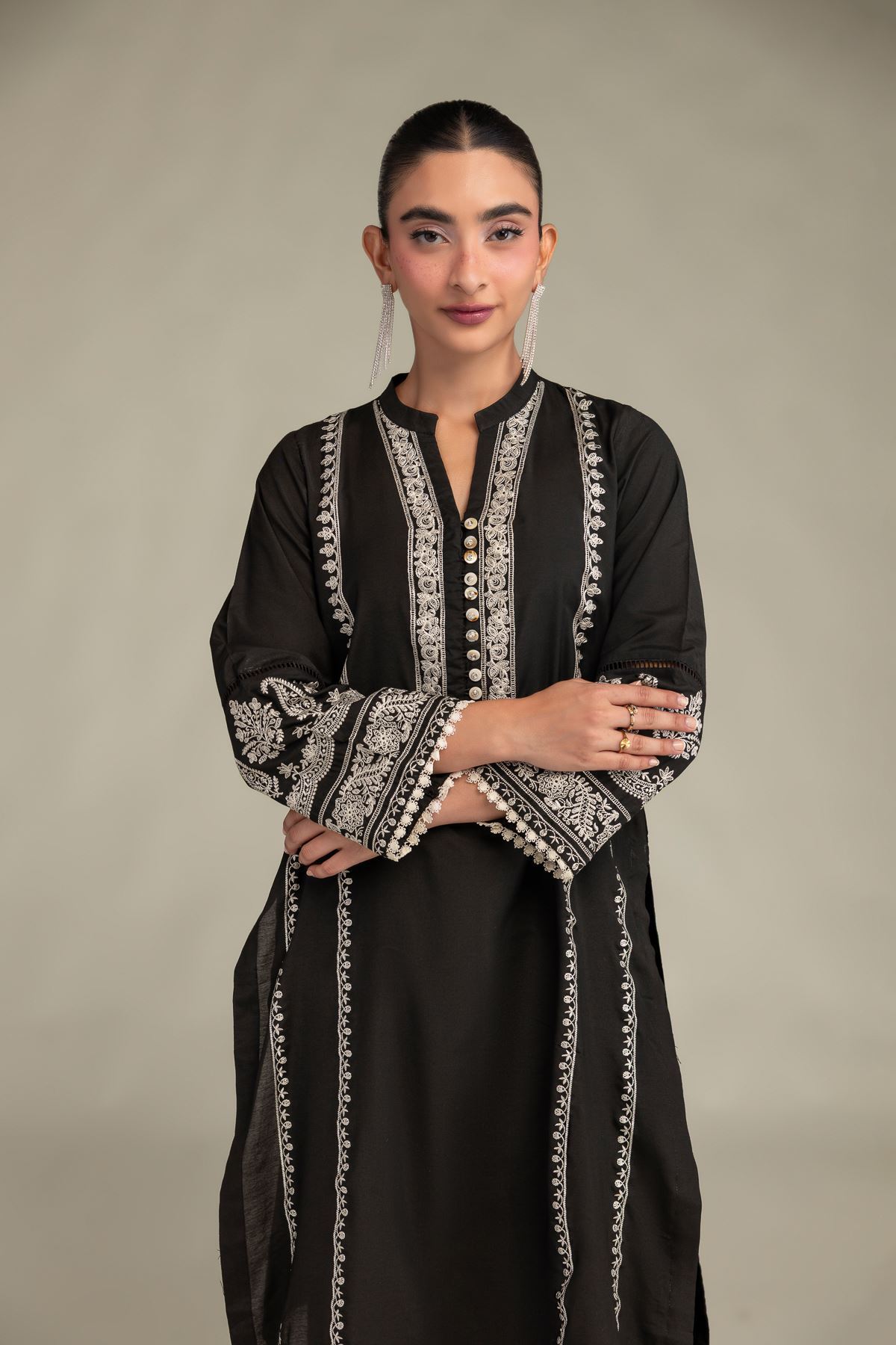 Printed Raw Silk Long Black Kurta - 1-26-244-A-D1-VG