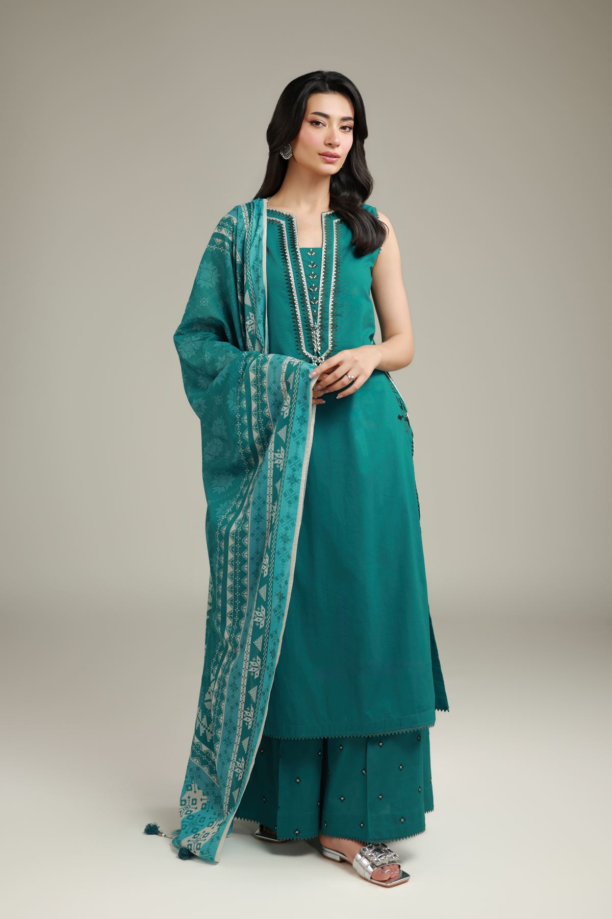 Embroidered Cambric Teal Cambric Pants - 1-26-120-A-G-VG