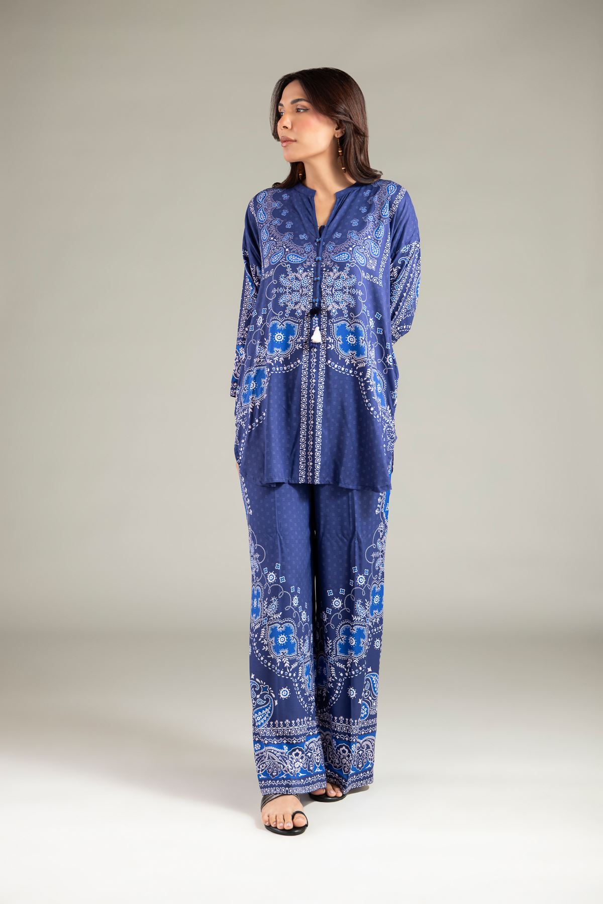 Printed Viscose Paisley Band-Collar Kurta - 25-00-X2-05TA-VG