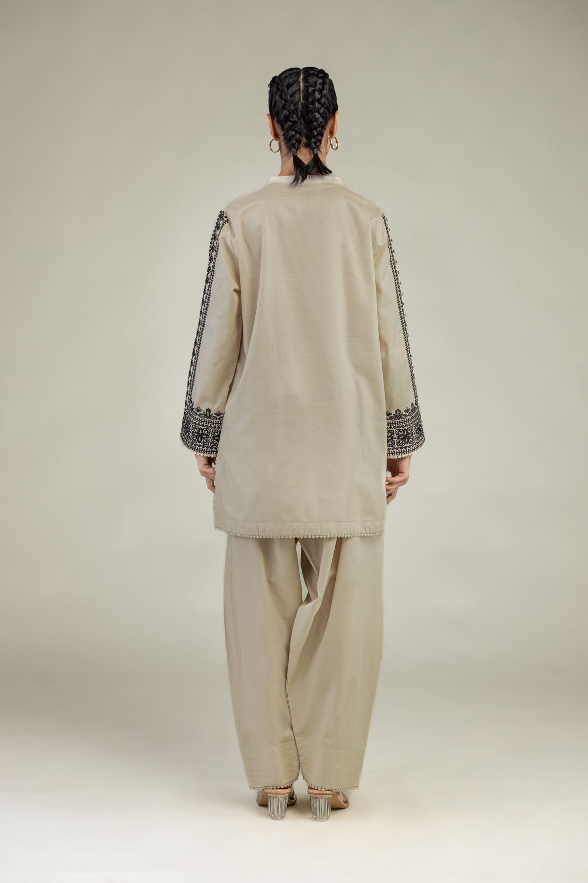 Embroidered Cotton Dobby Beige V-Neck Kurta - 1-26-245-A-J1-VG