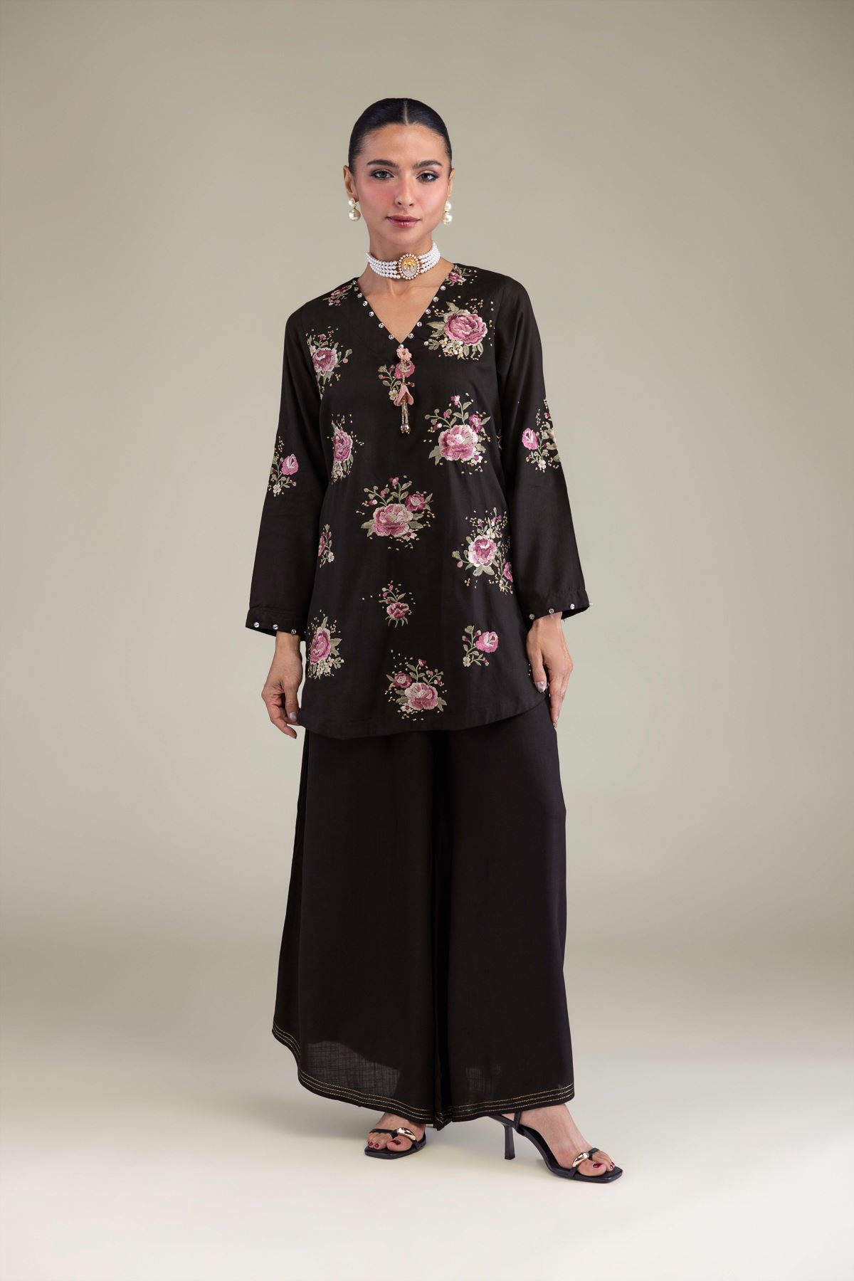 Embroidered Raw Silk Black Floral Kurta - 2-26-202-A-B-VG