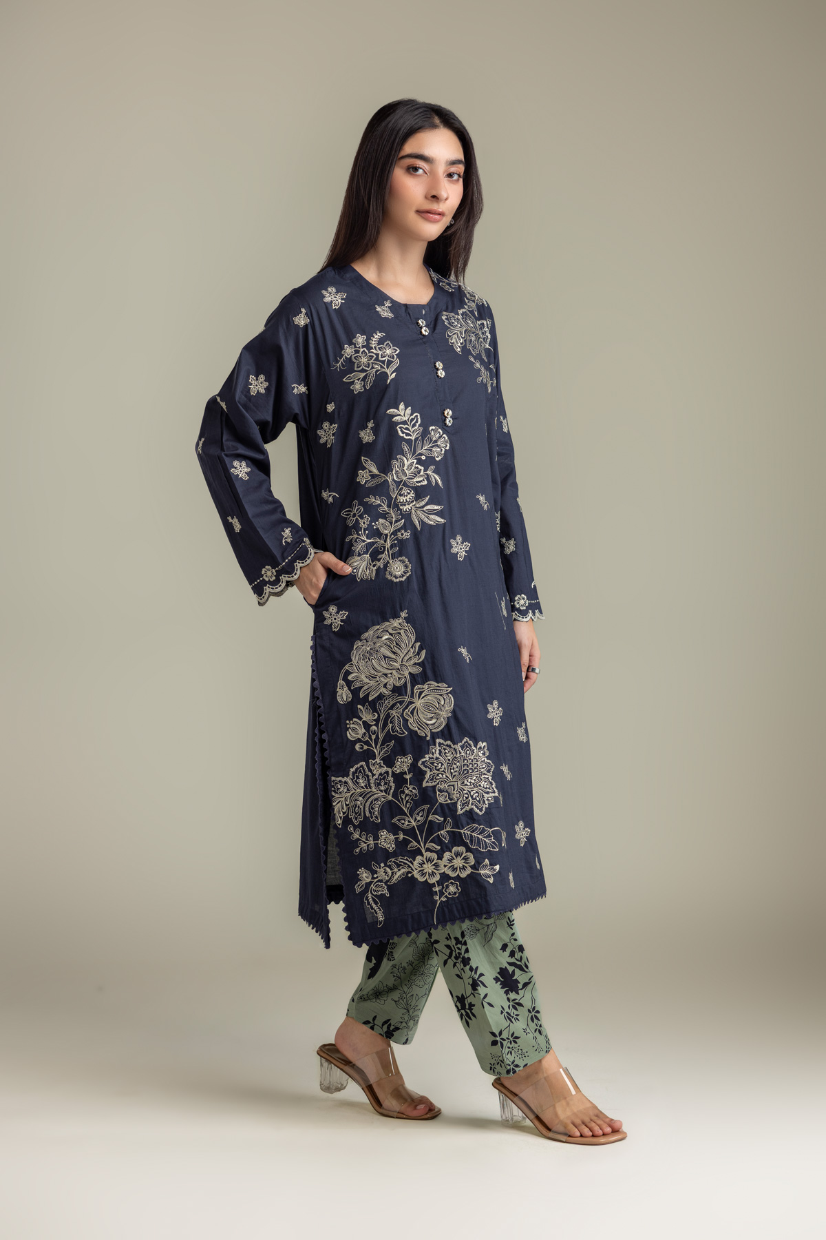 Embroidered Cambric Mint Floral Shalwar - 2-26-202-A-D-VG