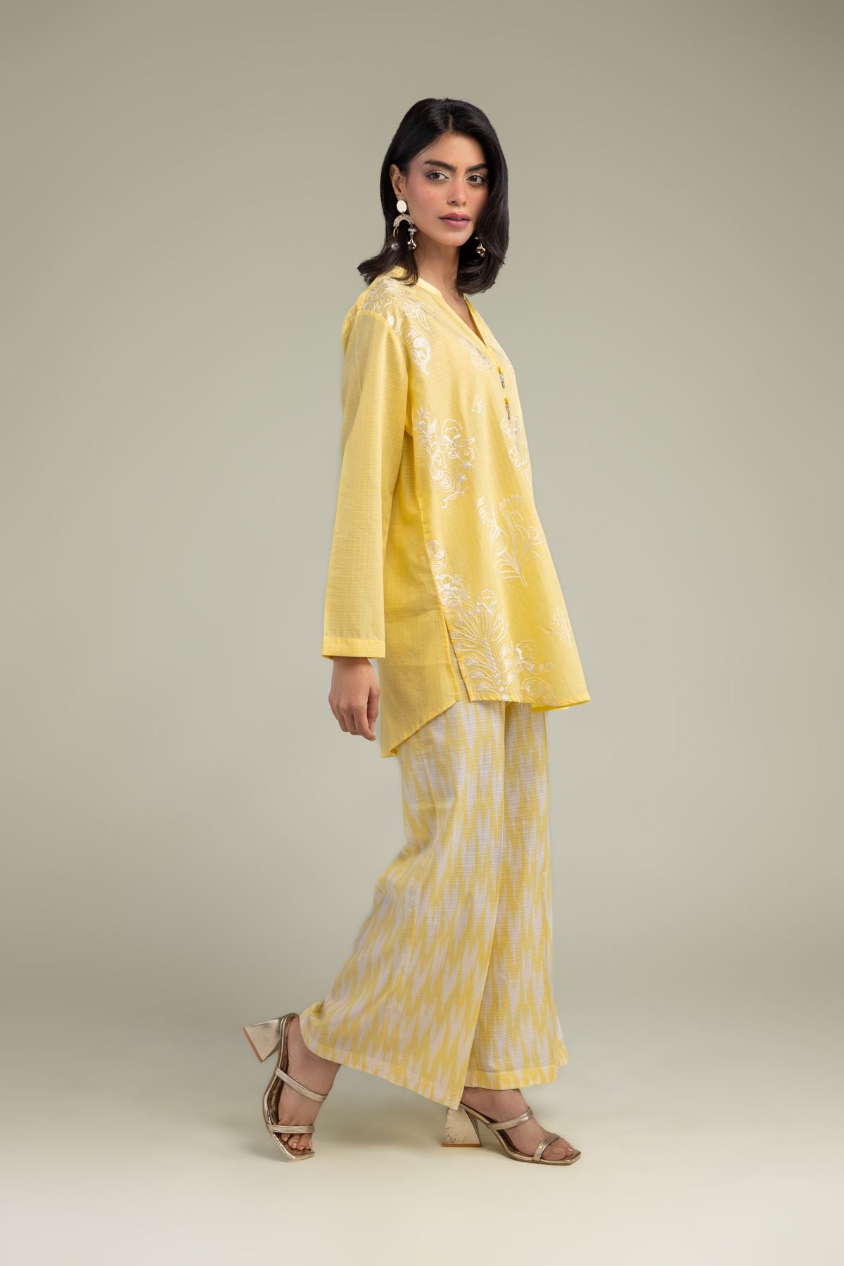 Embroidered Cotton Dobby Yellow Cotton Pants - 1-26-102-A-F-VG