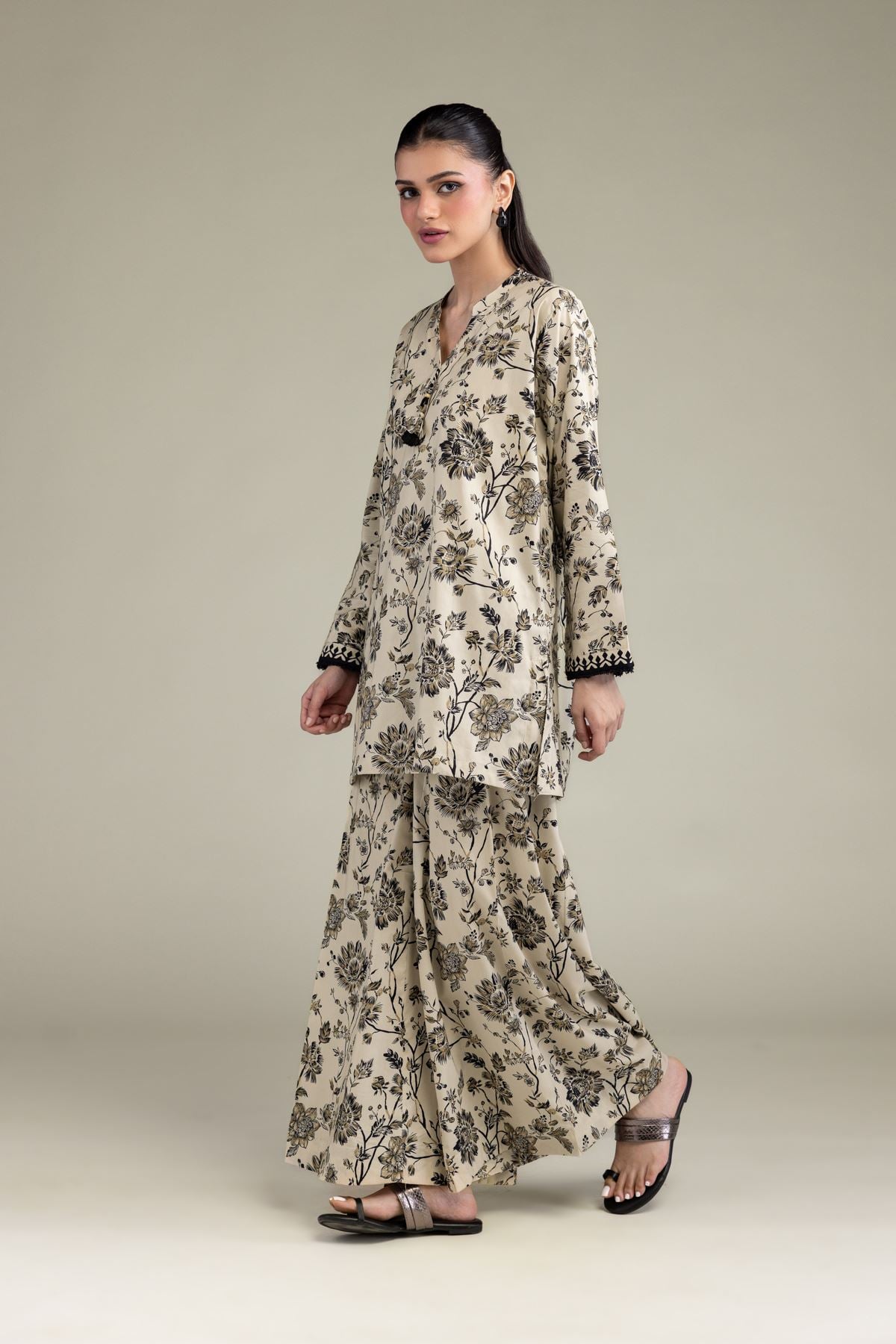 Printed Cotton Viscose Floral Beige Pants - 1-26-206-A-I1-VG