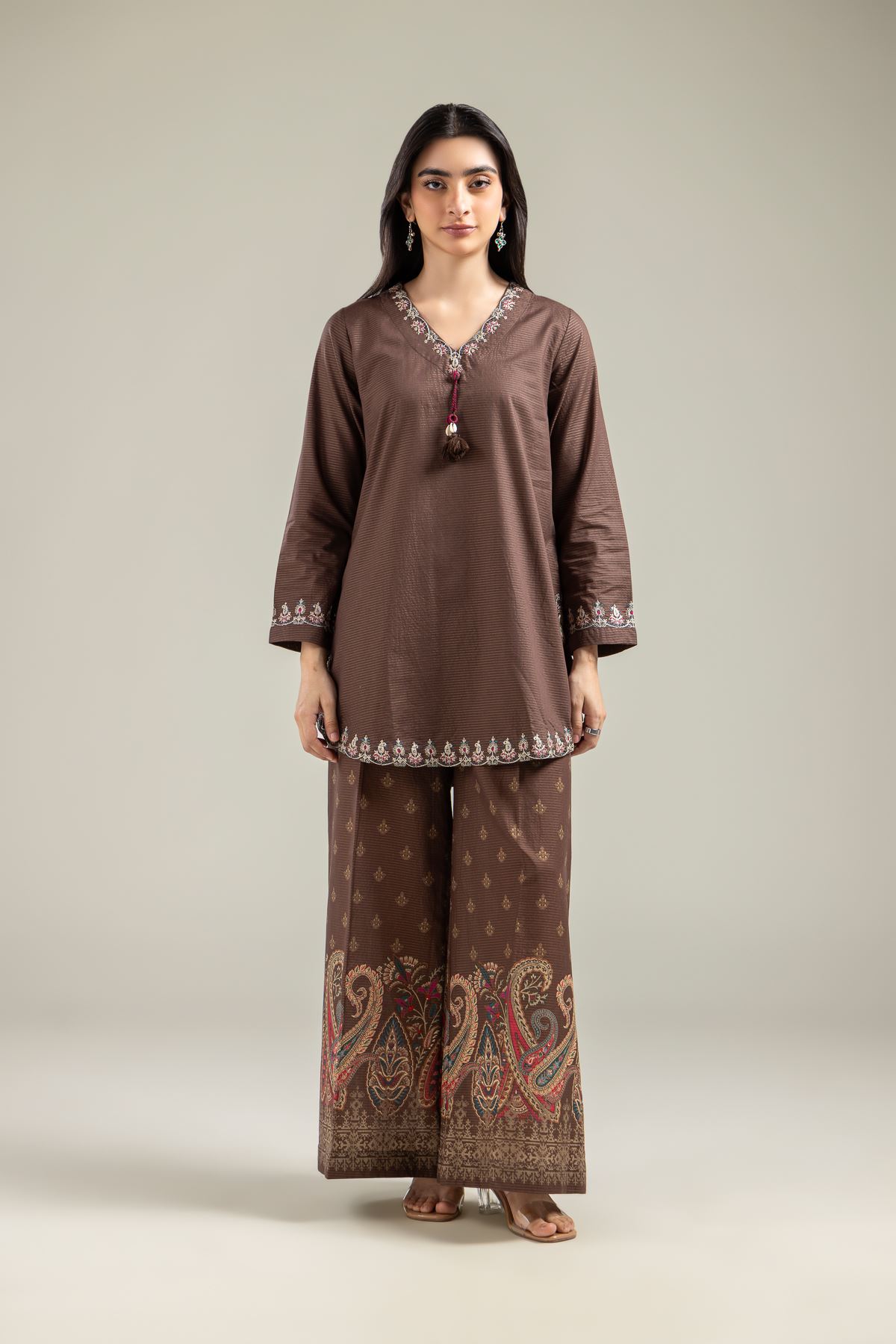 Embroidered Mesuri Brown V-Neck Kurta - T-A22-26-122FI1-VG