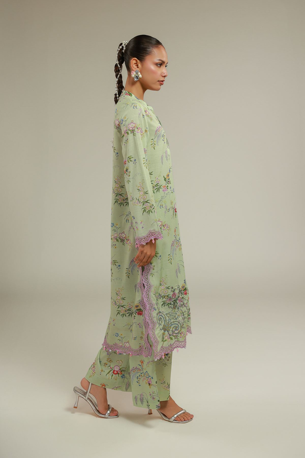 Embroidered Raw Silk Floral Longline Kurta - 25-00-X2-08TB-VG