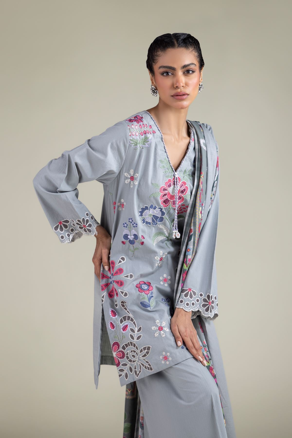 Embroidered Textured Cotton Floral V-Neck Kurta - 1-26-129-A-D-VG