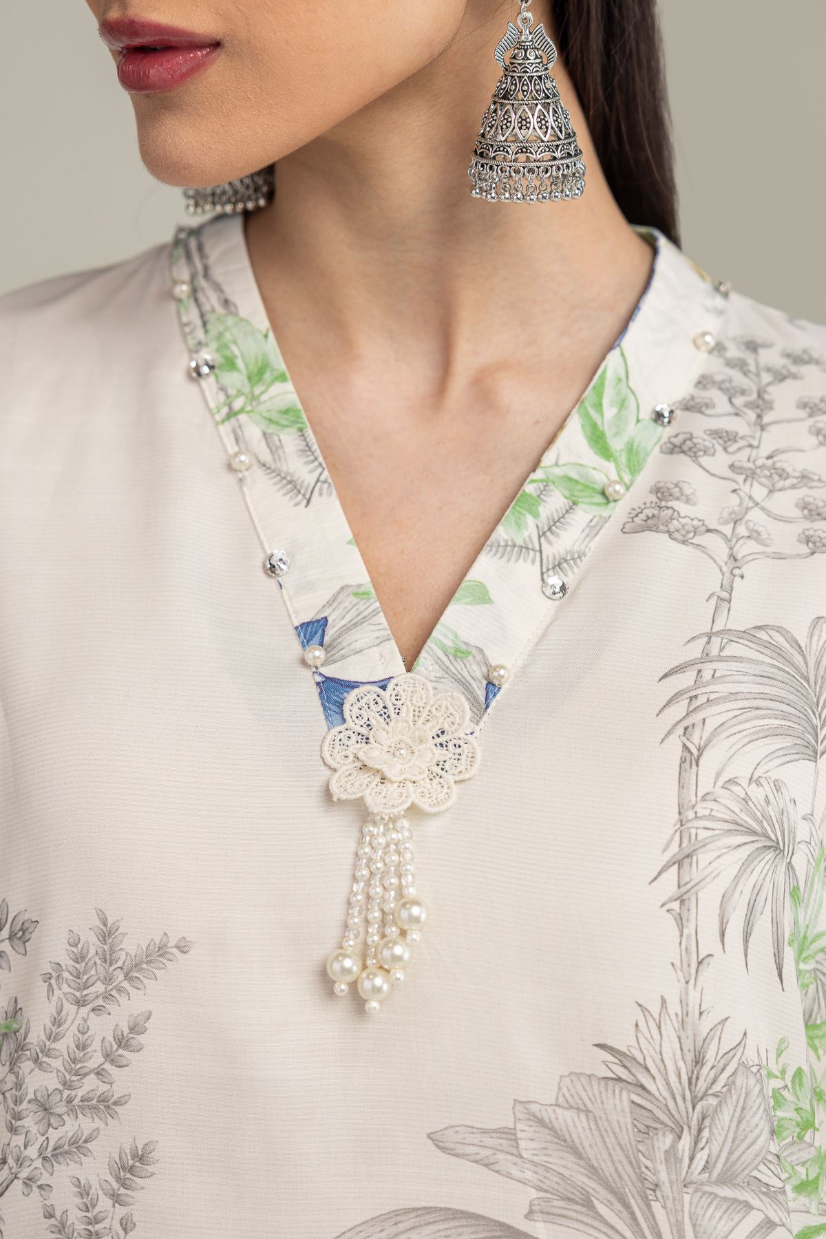 Embroidered Raw Silk Floral V-Neck Kurta - 1-26-221-A-G1-VG