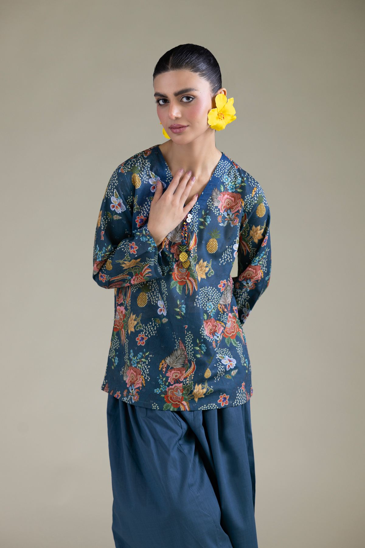 Embroidered Cambric Blue Cambric Shirt - 1-26-211-A-A2-VG
