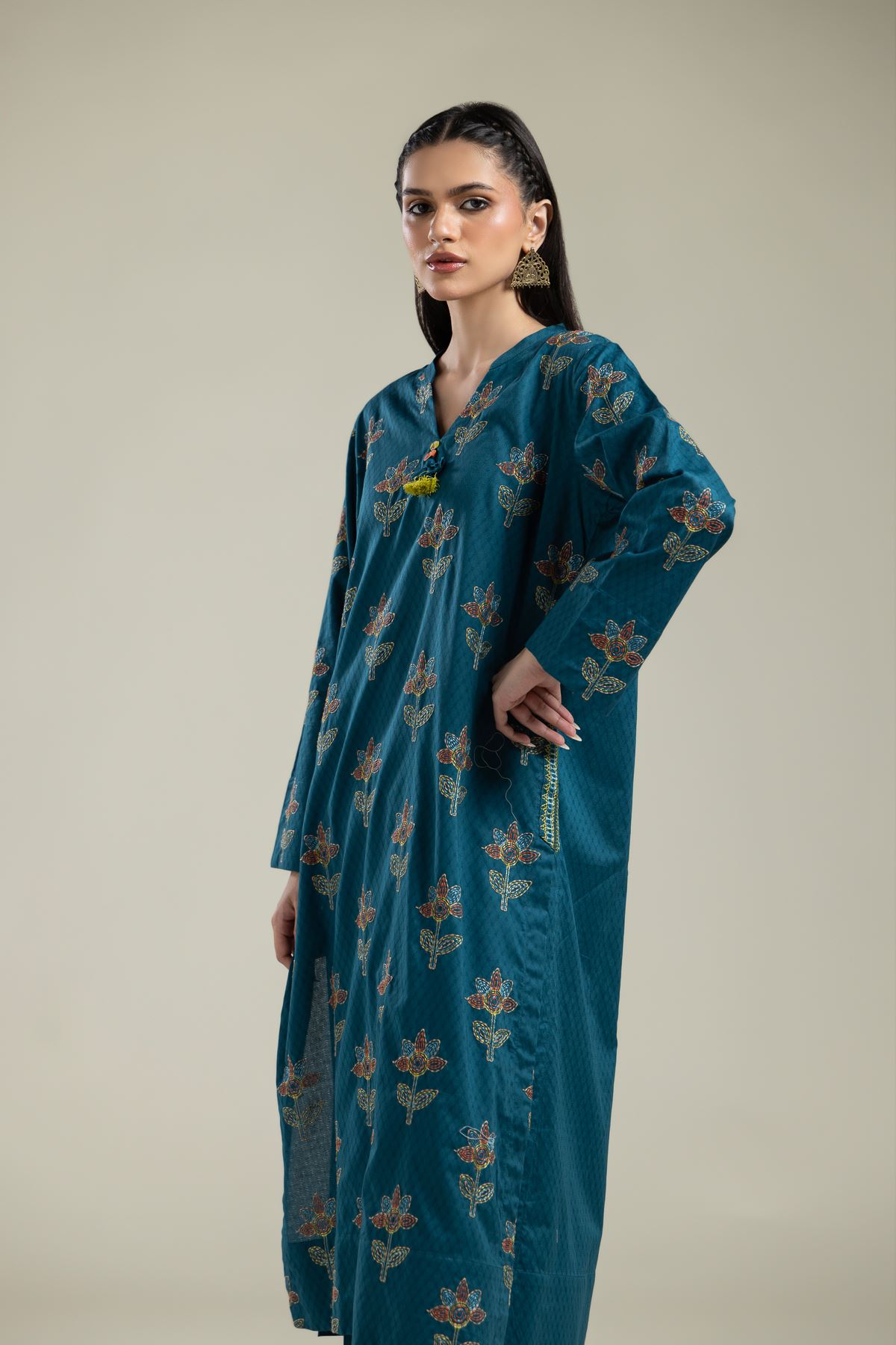 Embroidered Cotton Dobby Floral Teal Kurta - 2-26-109-A-H-VG
