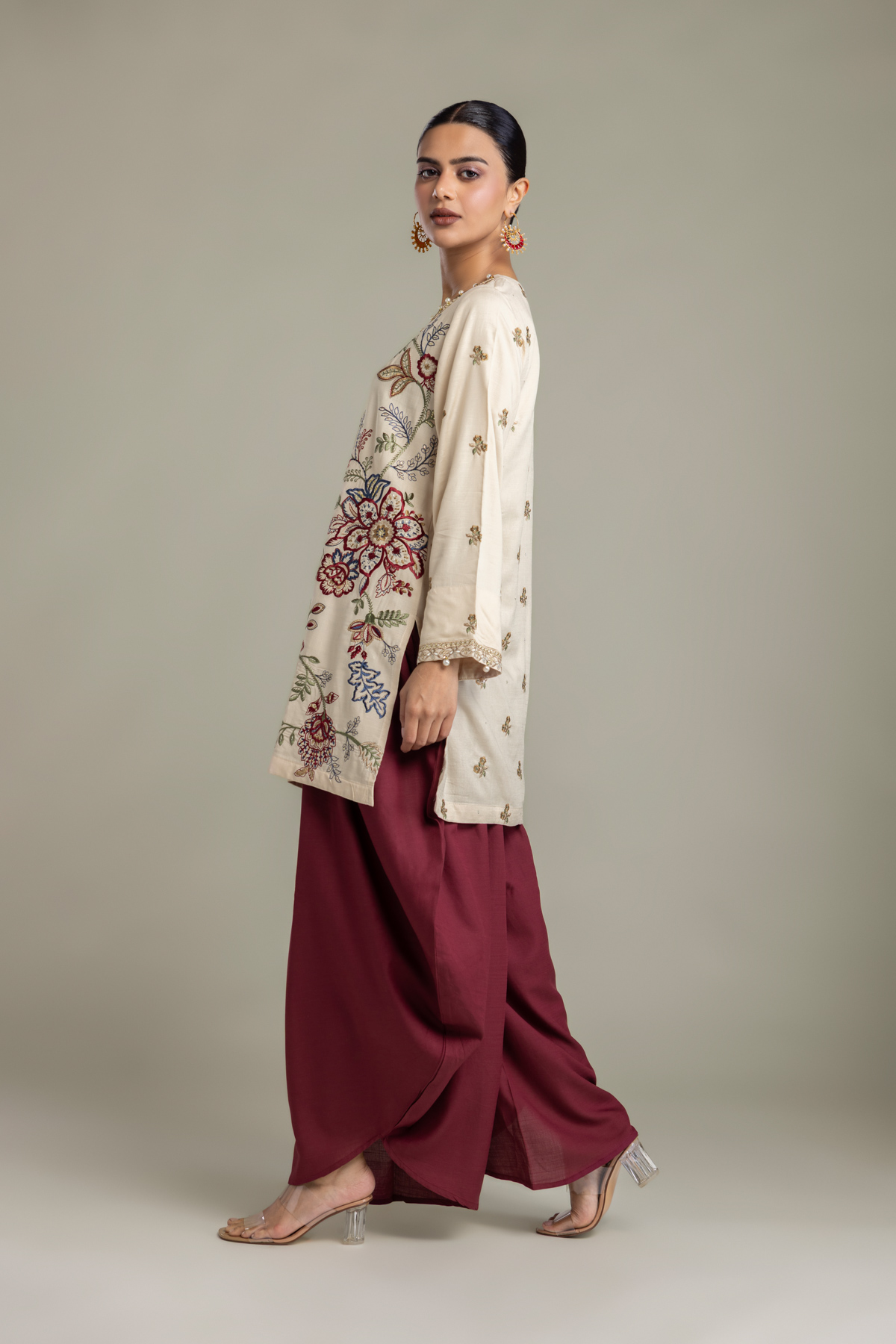 Embroidered Raw Silk Maroon Silk Pants - 2-26-418-A-B1-VG