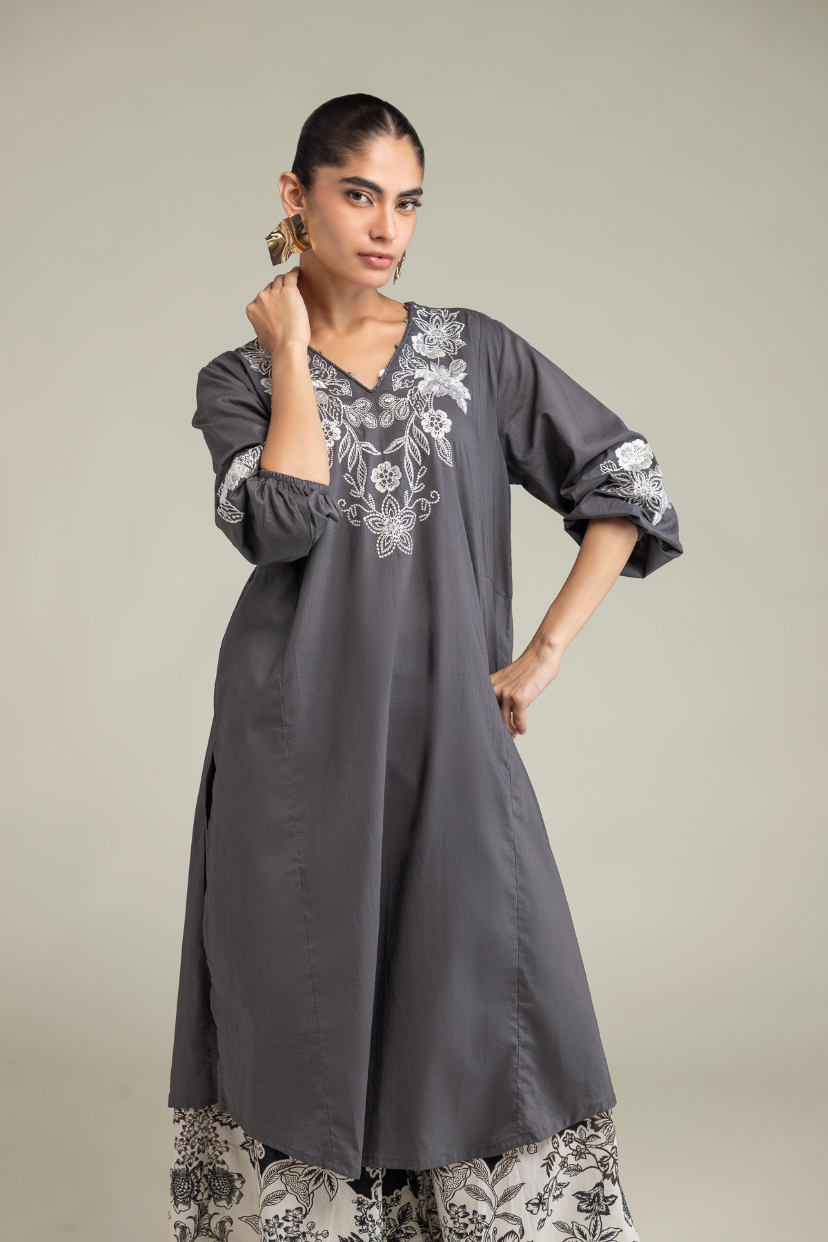 Embroidered Cambric Gray V-neck Kurta - 1-26-102-A-F-VG
