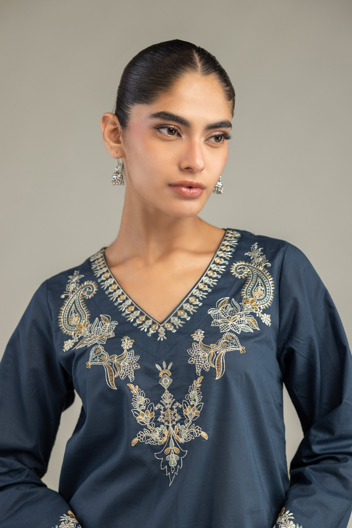 Embroidered Cambric Short Navy Kurta - 1-26-102-A-F-VG