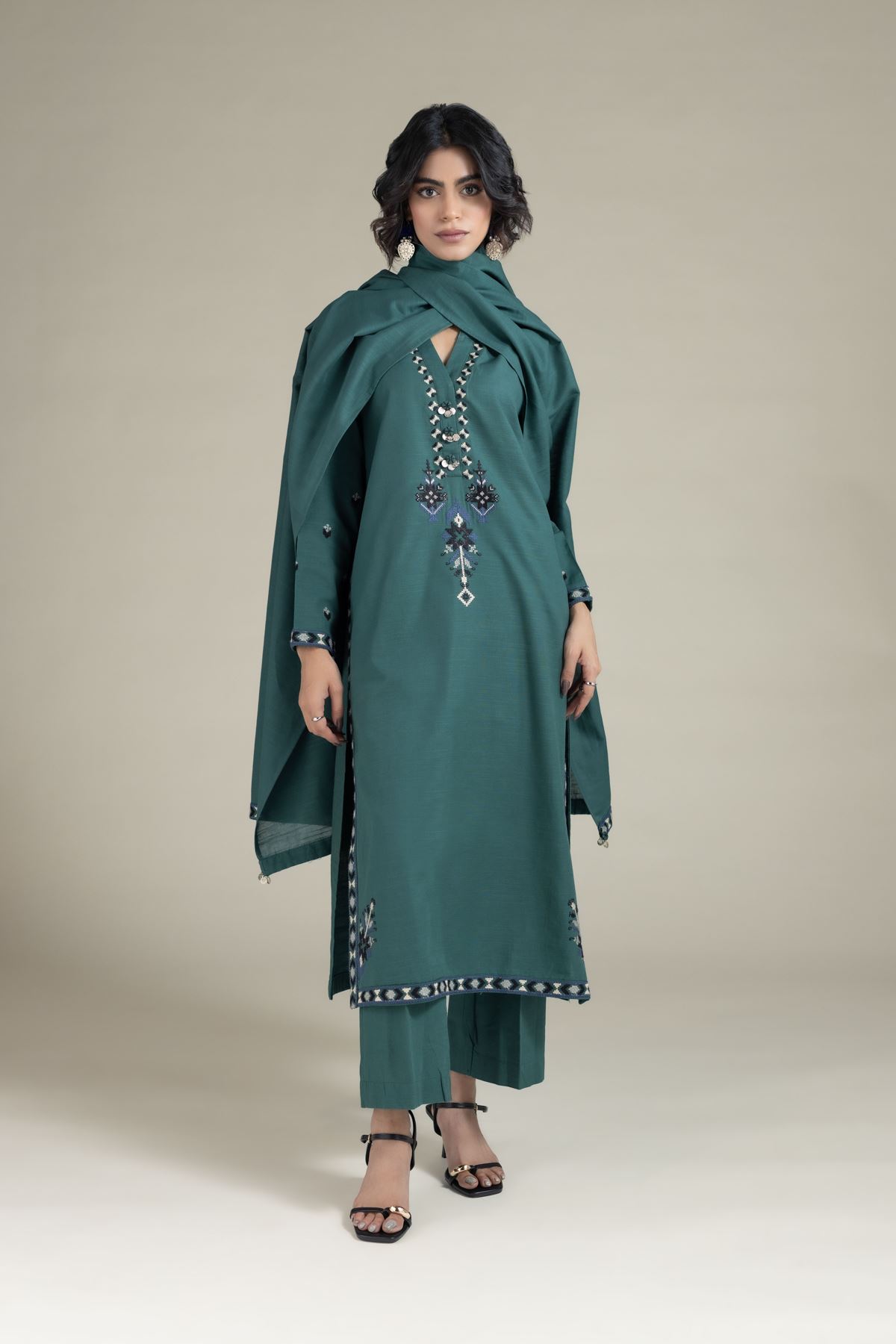 Embroidered Textured Cotton Dupatta - DCH08BC-VG