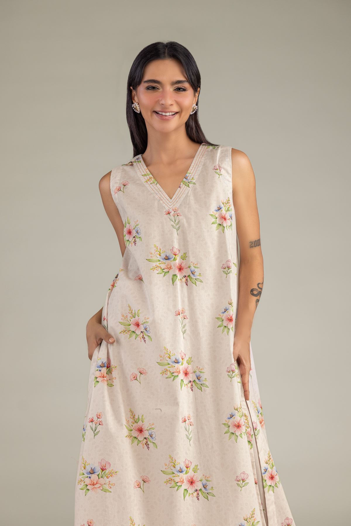 Printed Cambric Sleeveless Cambric Kurta - 12-26-301-A-E1-VG
