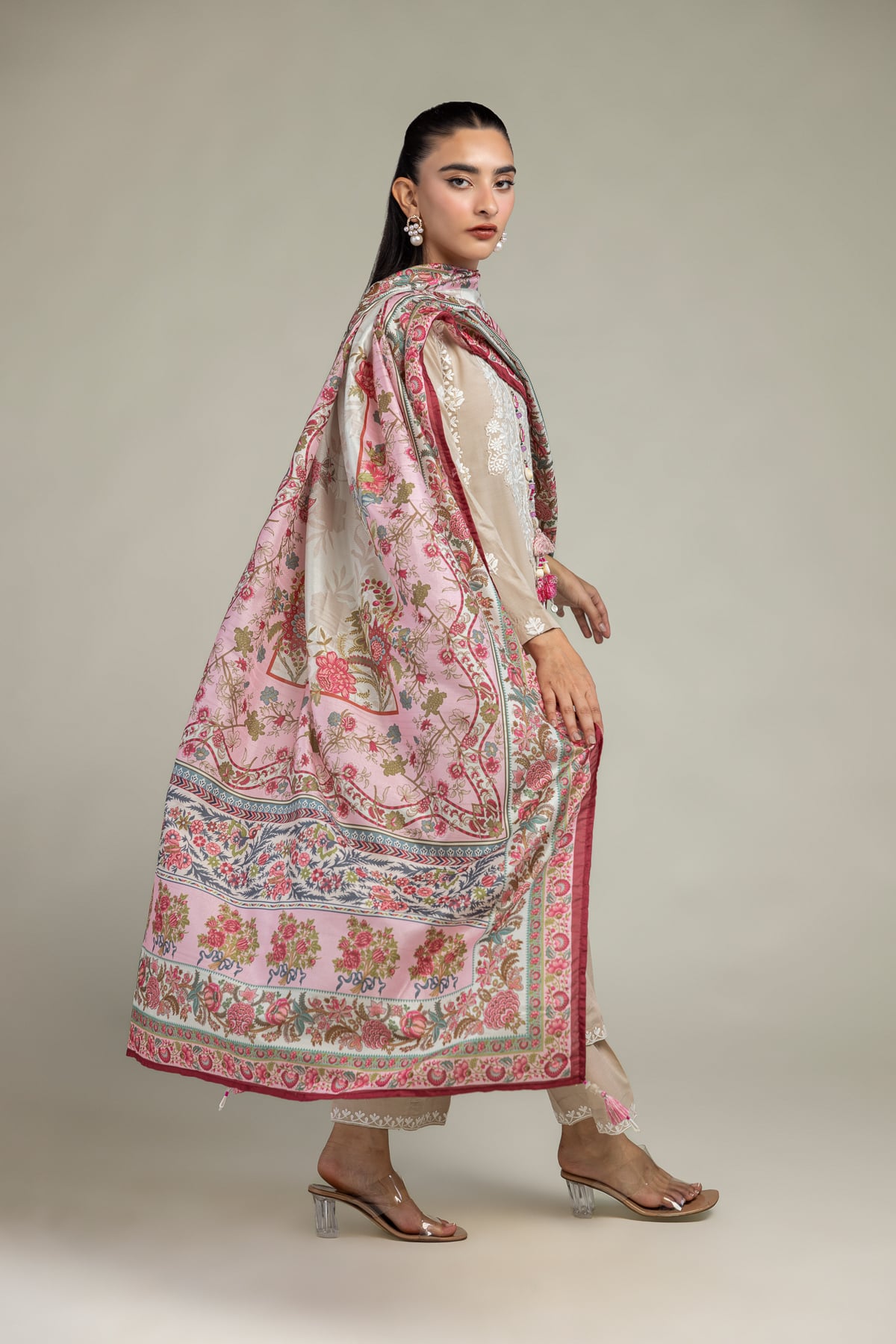 Embroidered Polyester Silk Pink Floral Dupatta - 2-26-202-A-D-VG