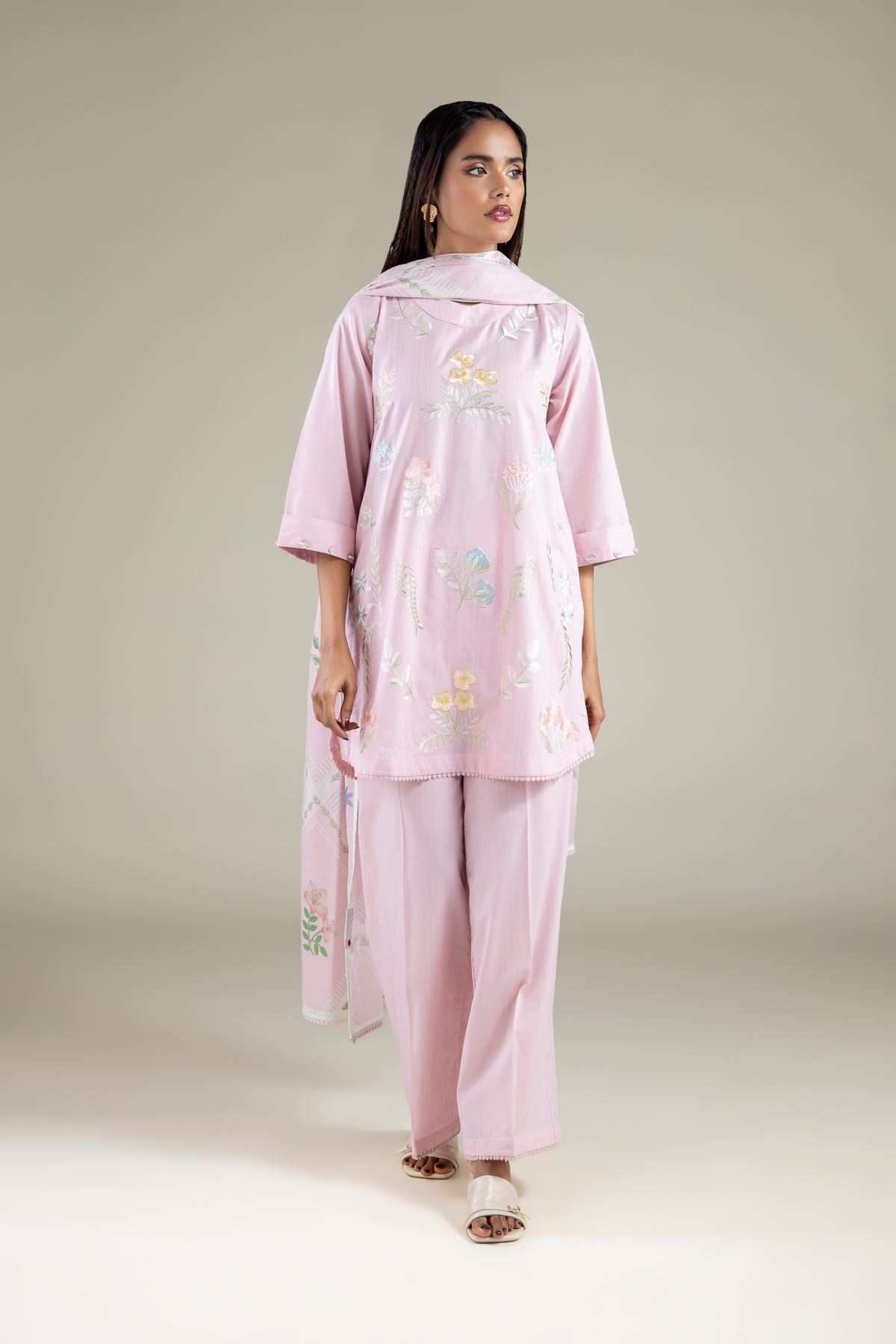 Embroidered Cotton Dobby Relaxed Solid Pants - 1-26-114-B-H-VG