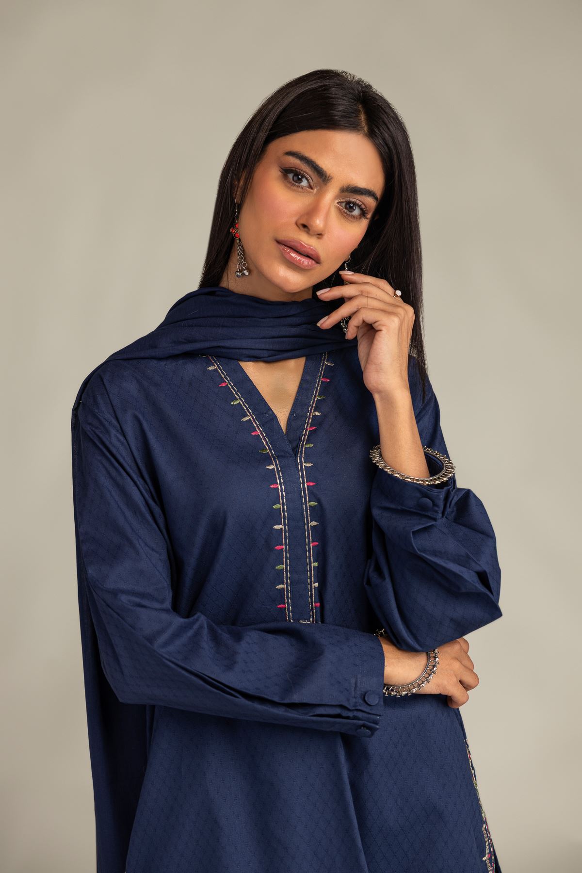 Embroidered Lawn Navy Lawn Dupatta - 1-26-102-A-F-VG