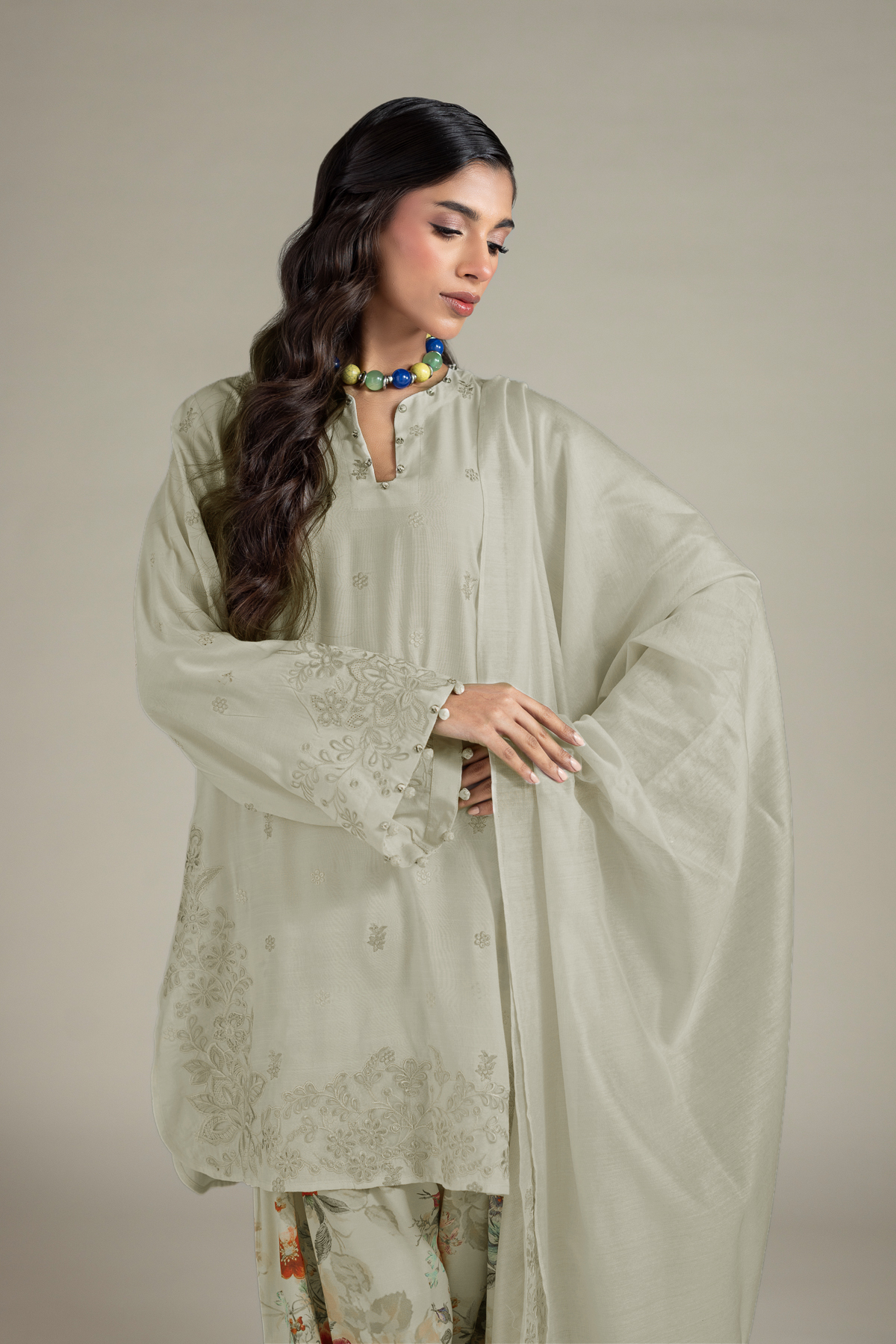Embroidered Raw Silk Tailored Silk Suit - 1-26-142-A-F-VG
