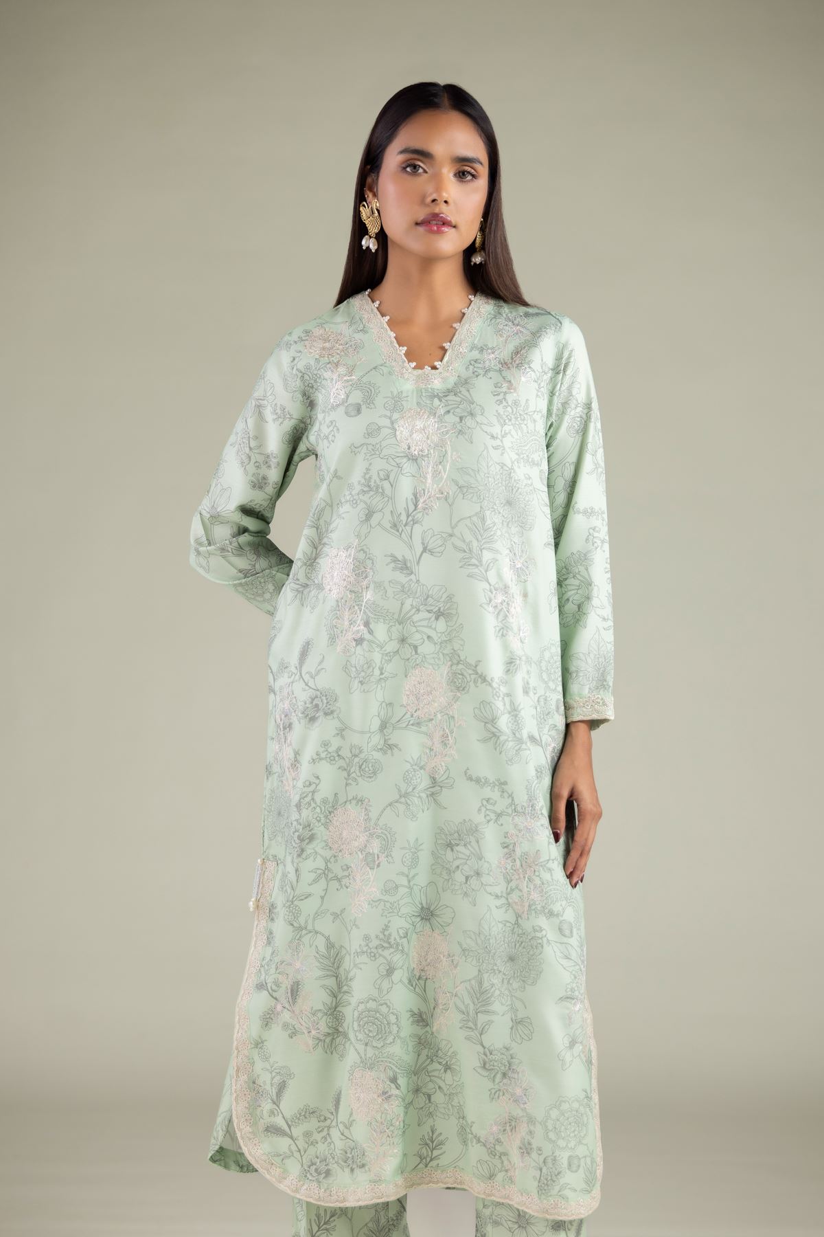 Embroidered Raw Silk Floral Longline Kurta - 1-26-112-A-D-VG