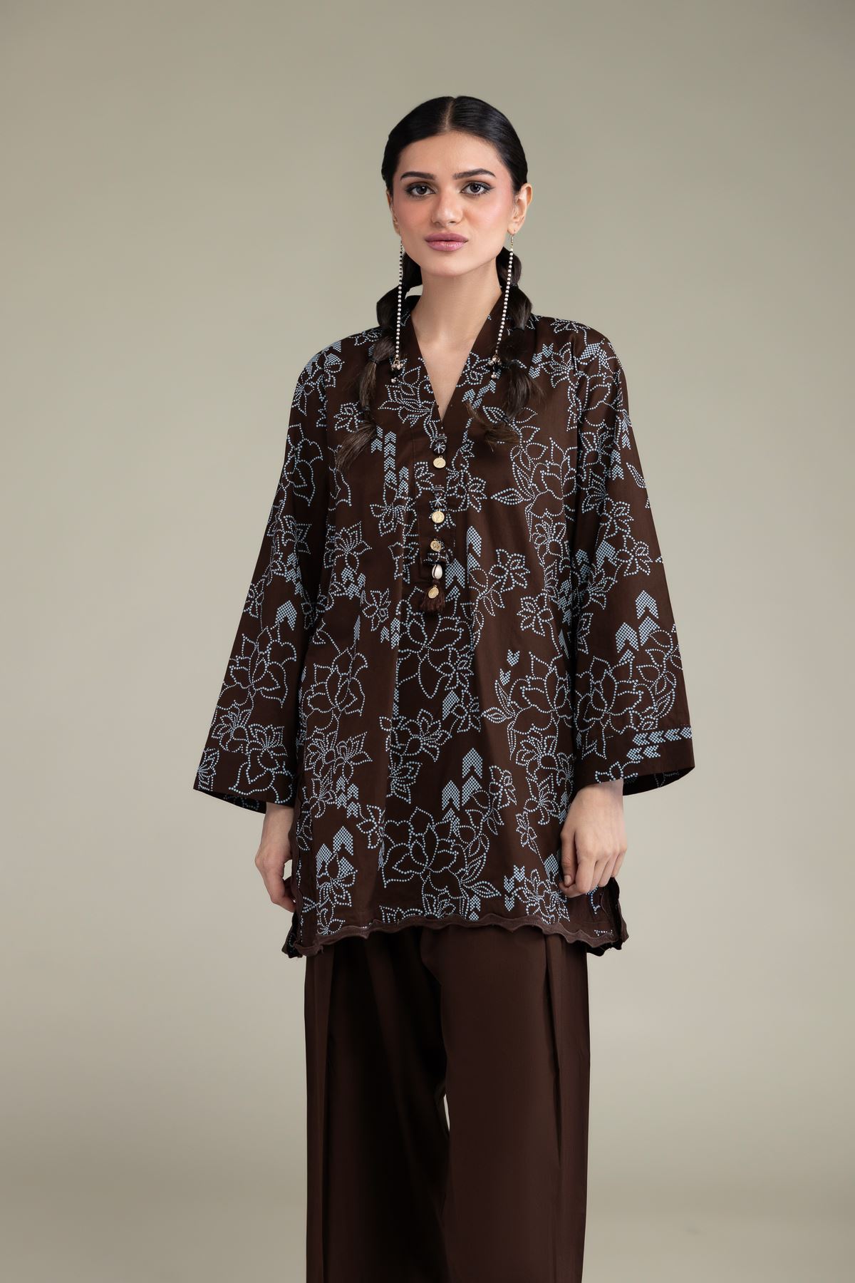 Printed Cambric Brown V-Neck Kurta - 1-26-231-A-D1-VG