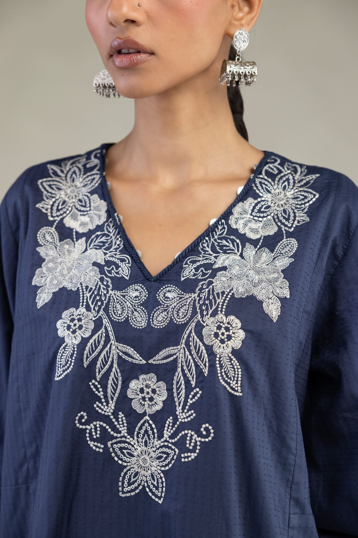 Embroidered Cotton Dobby Floral V-Neck Kurta - 1-26-241-A-A1-VG
