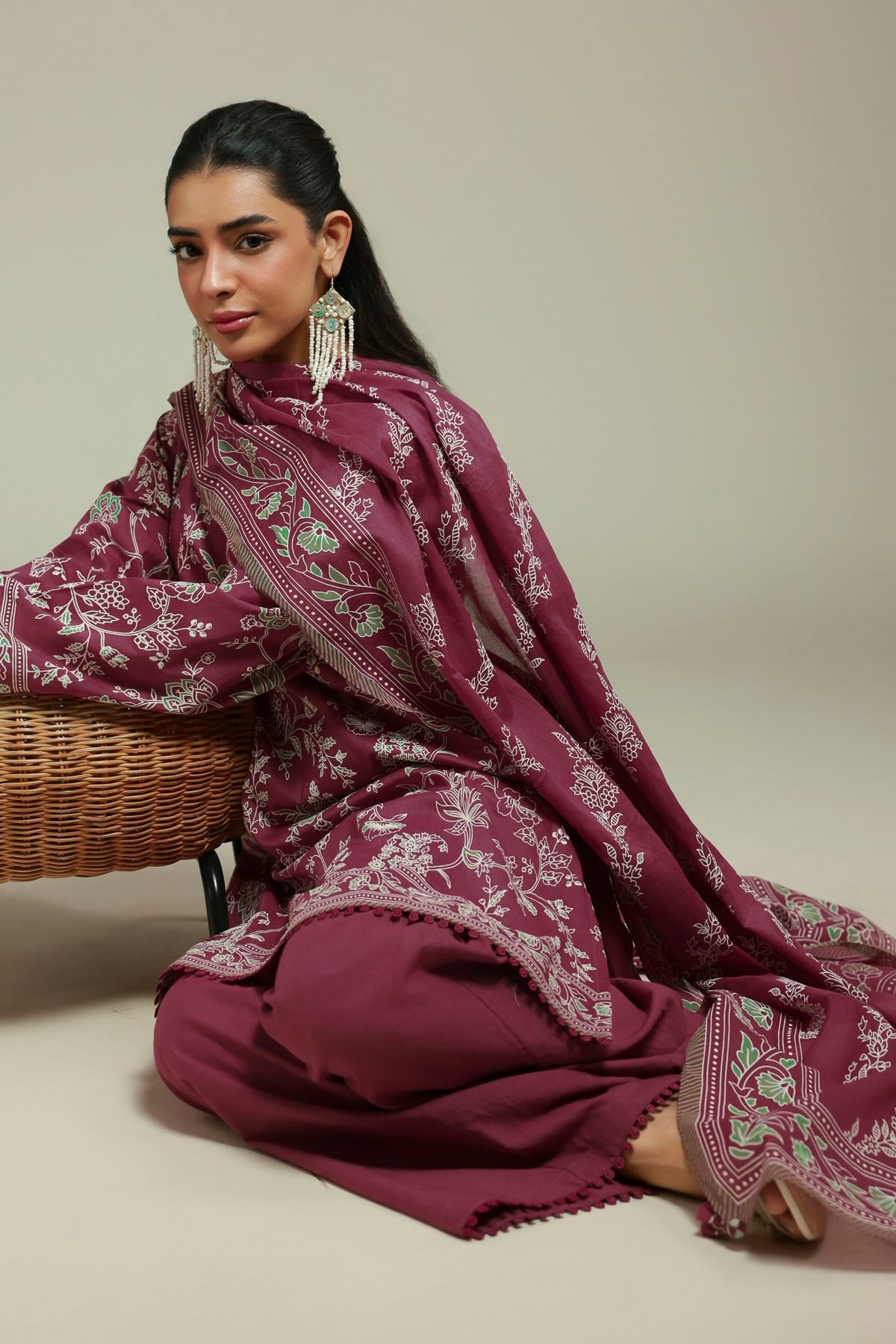 Printed Cambric Tailored Maroon Set - T-A22-26-123FF2-VG