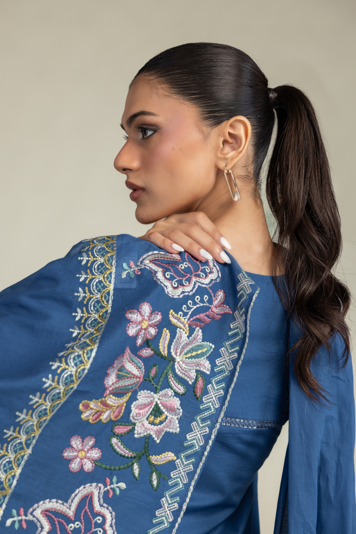 Embroidered Lawn Floral Blue Dupatta - 2-26-308-A-B1-VG