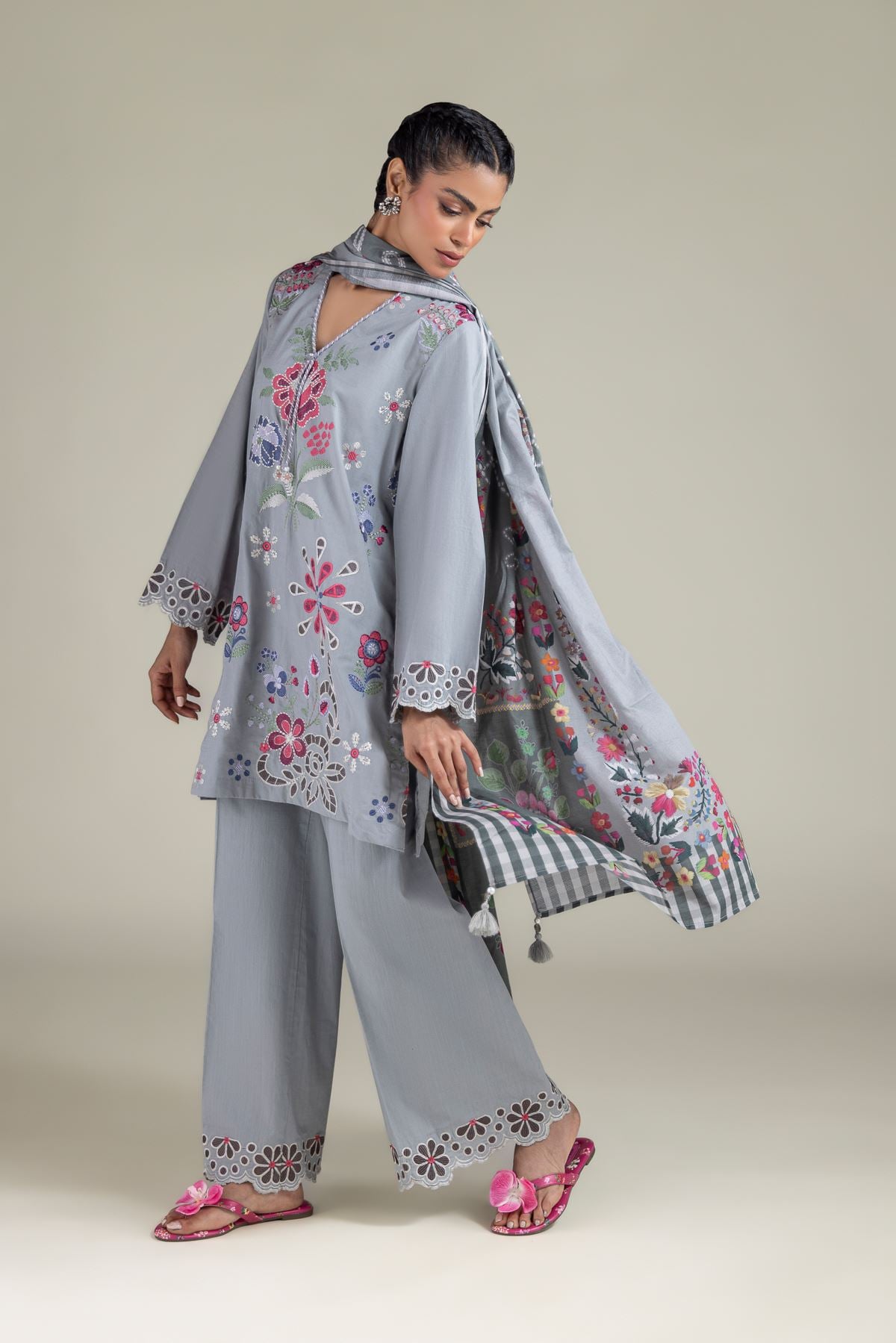 Embroidered Textured Cotton Floral Dupatta - 1-26-115-C-E-VG