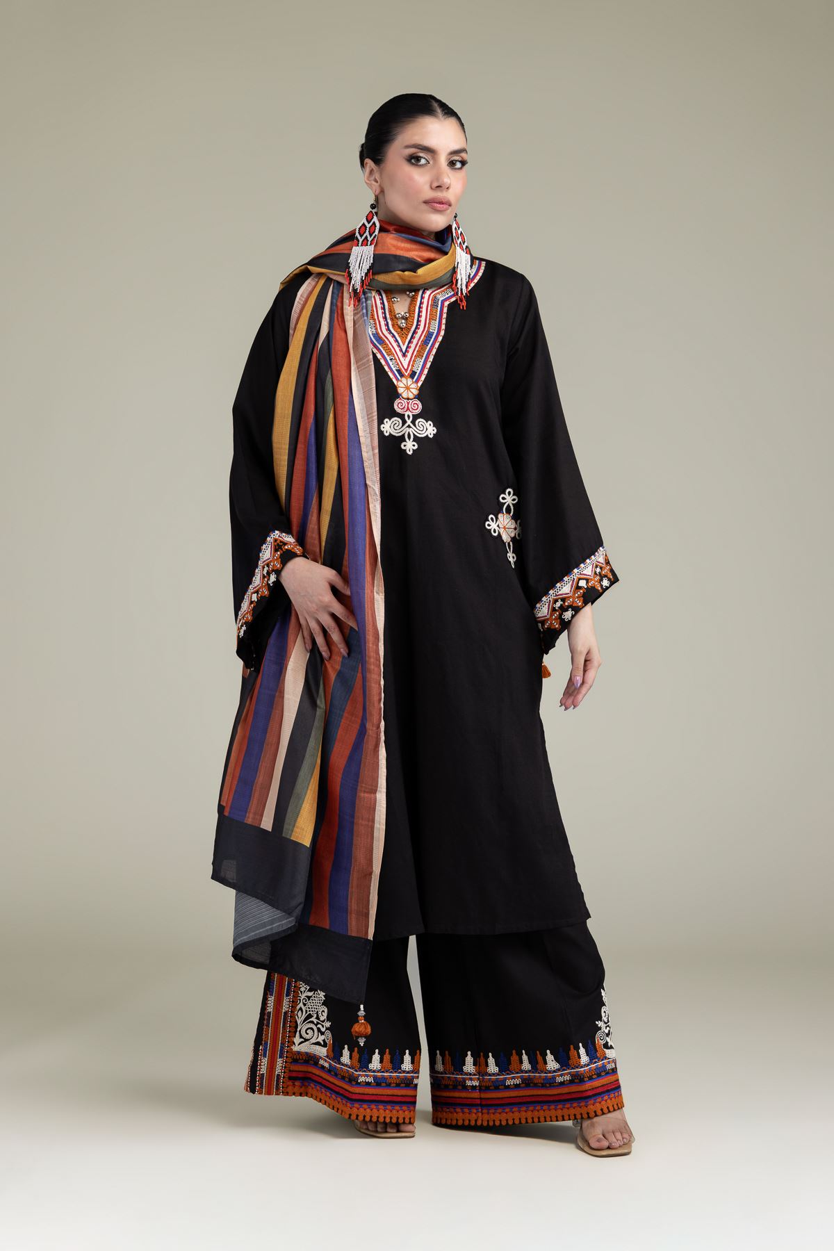 Embroidered Raw Silk Black Silk Pants - 2-26-204-A-E1-VG