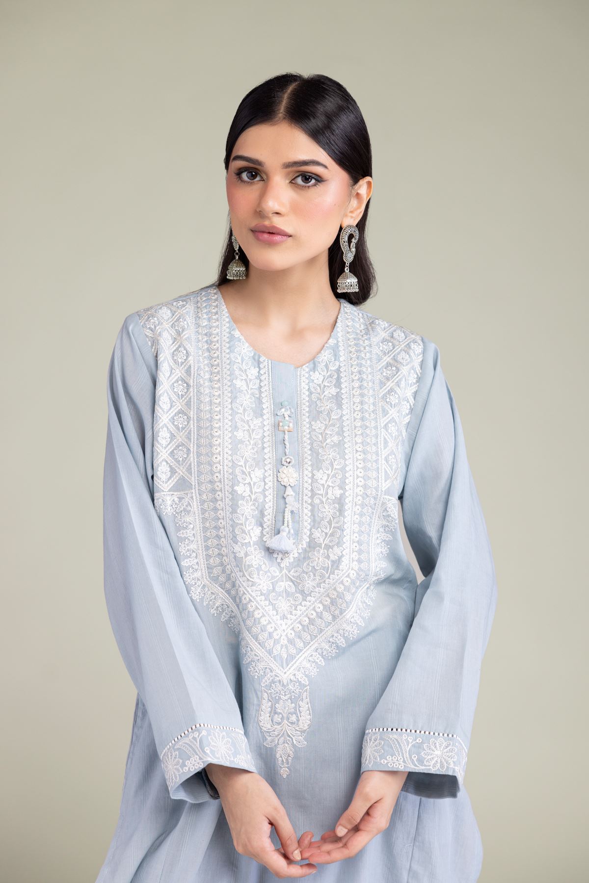 Embroidered Textured Cotton Tailored 2 Piece | Top and Bottom - 2-26-102-A-B-VG