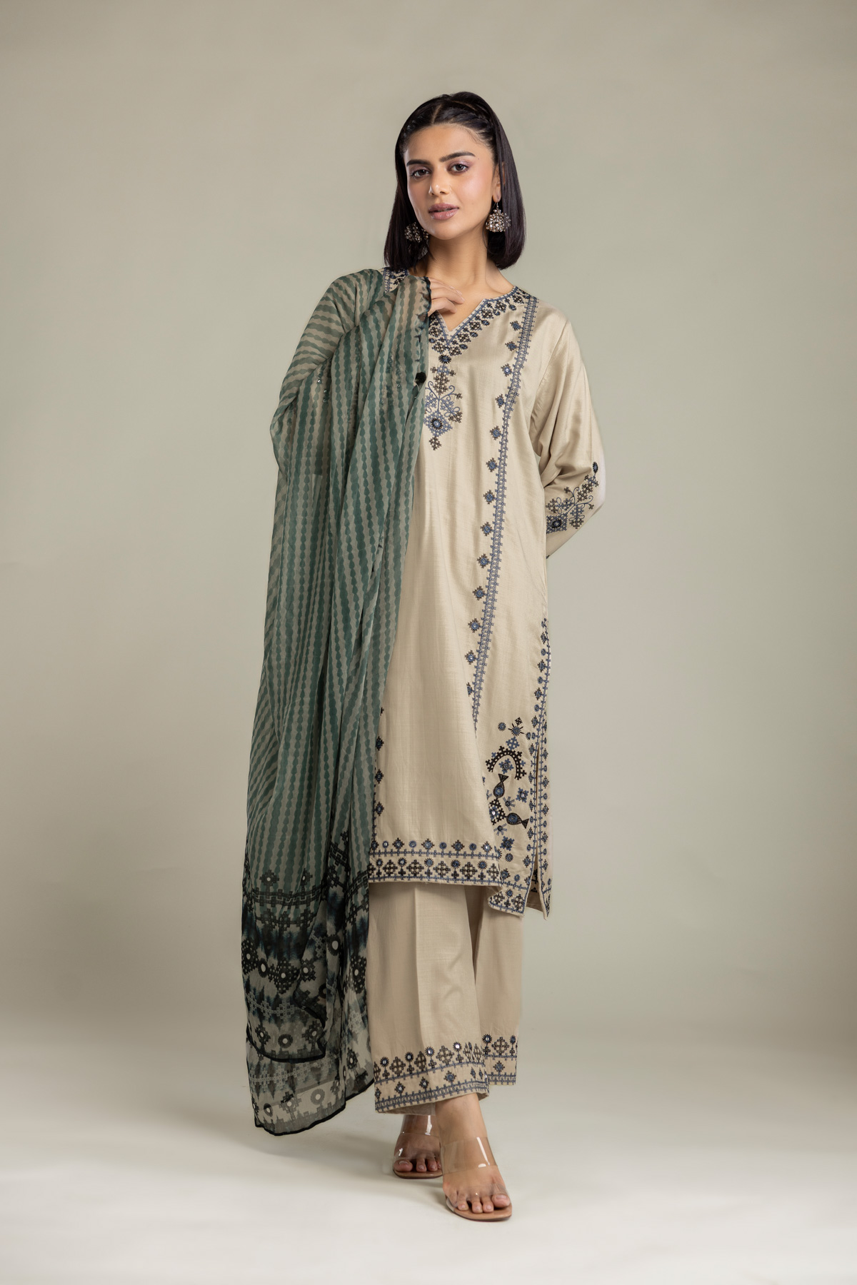Embroidered Raw Silk 3 Piece Tailored - 1-26-408-A-B1-VG