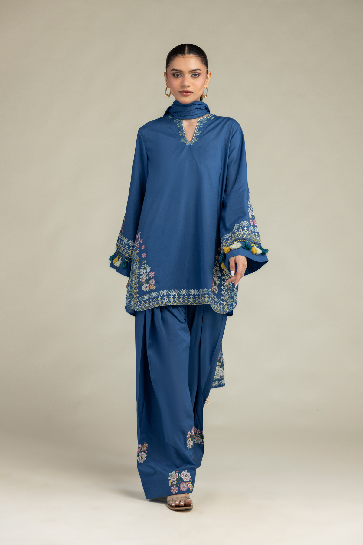 Embroidered Cambric Floral Blue Shalwar - 8-26-303-A-C1-VG