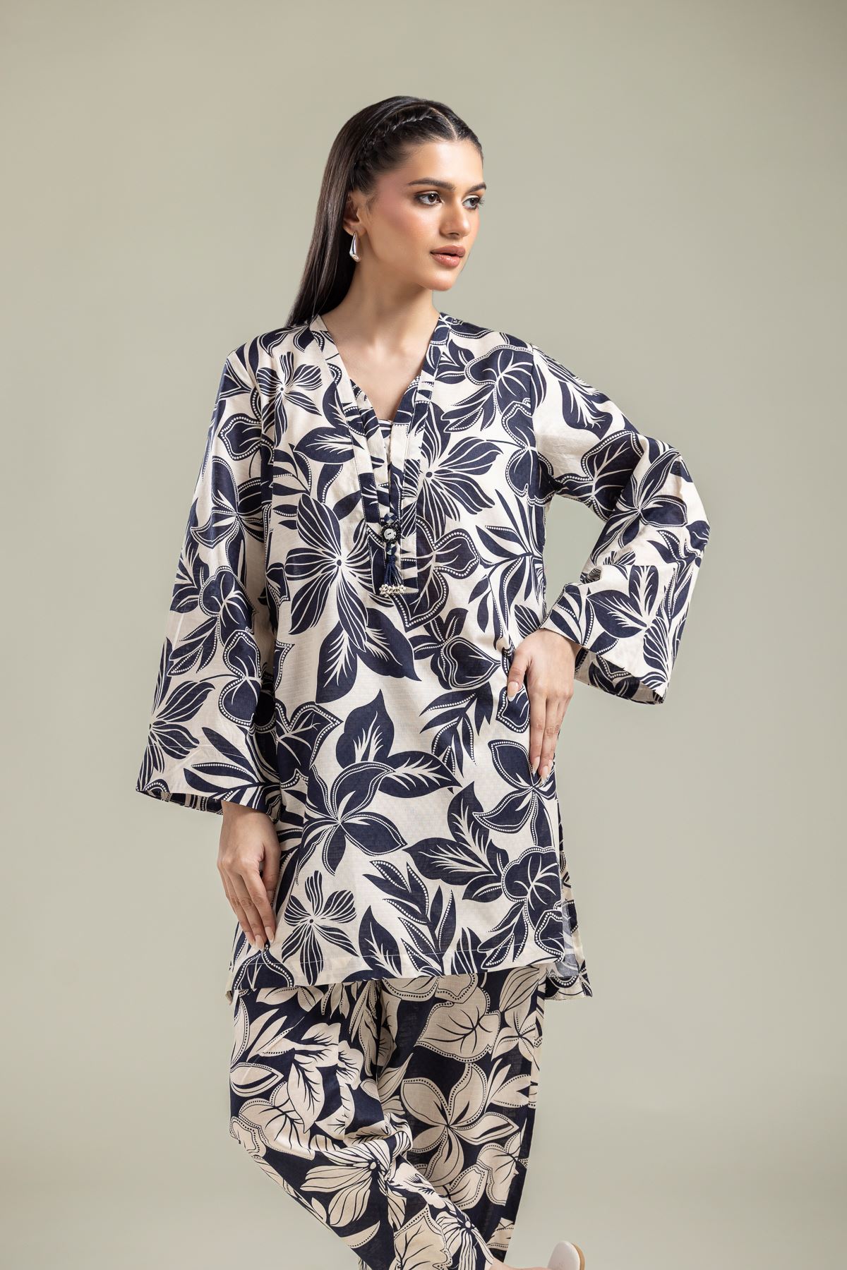 Printed Cotton Dobby Floral V-Neck Kurta - T-A113-26-101EI2-VG