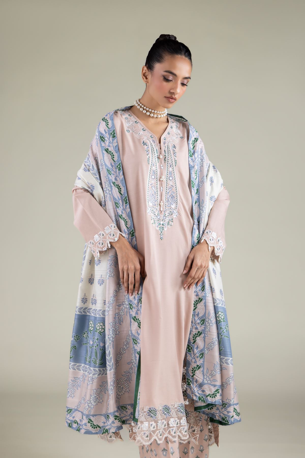 Embroidered Raw Silk Floral Longline Kurta - 2-26-112-A-B-VG